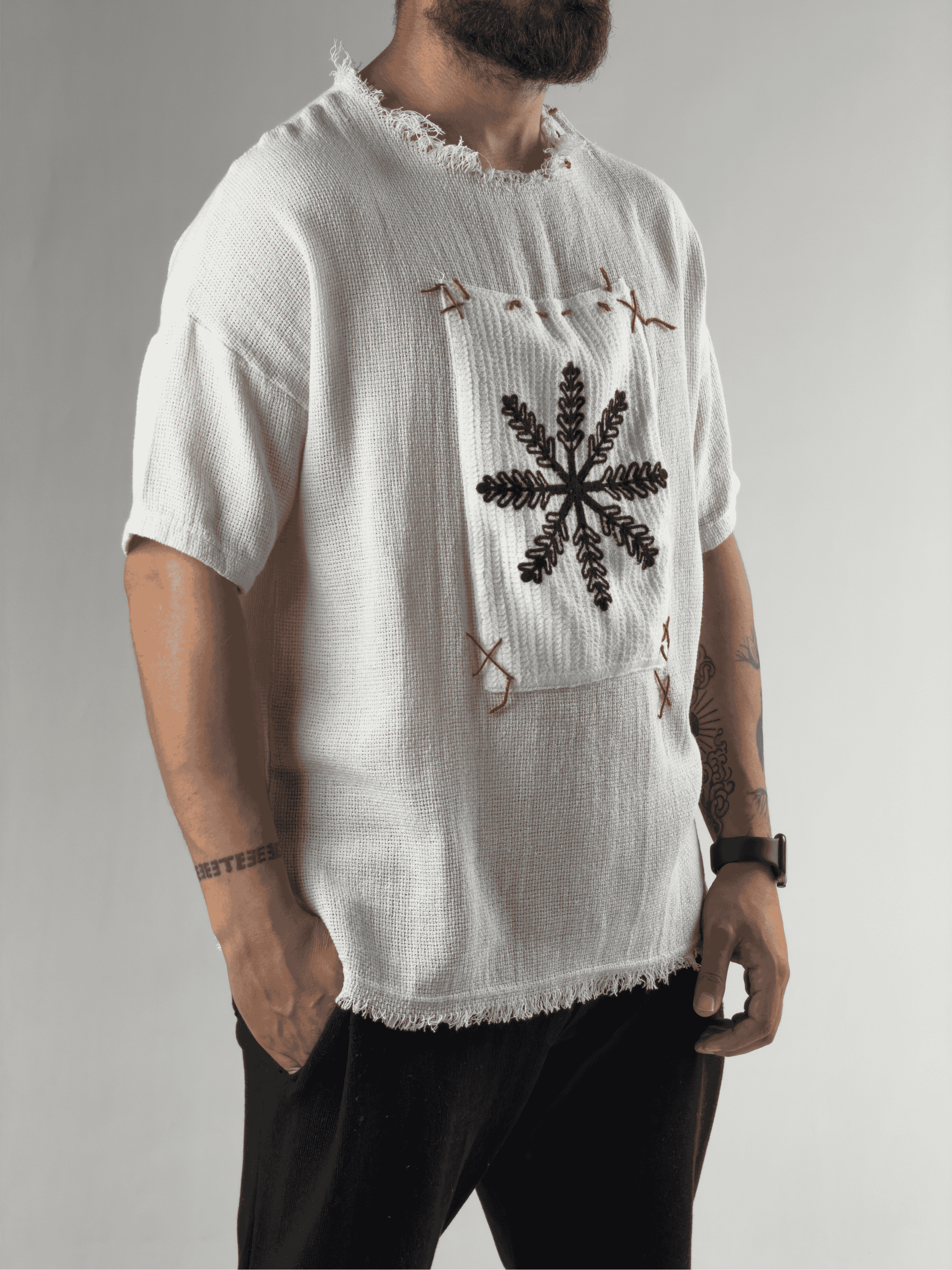 Tasarım Çiçek Desenli Erkek Beyaz T-Shirt COC3200