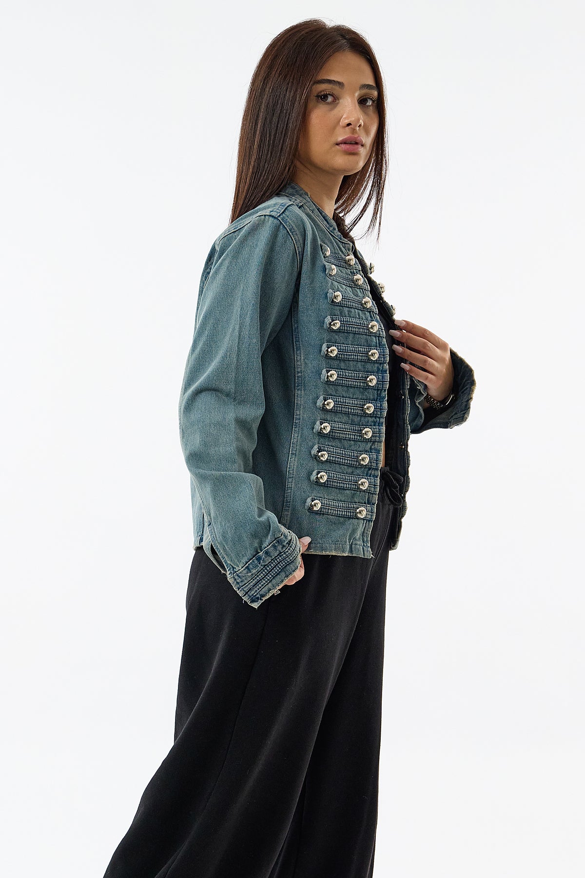 Tasarım Denim Düğmeli Mavi Kadın Ceket COC3633