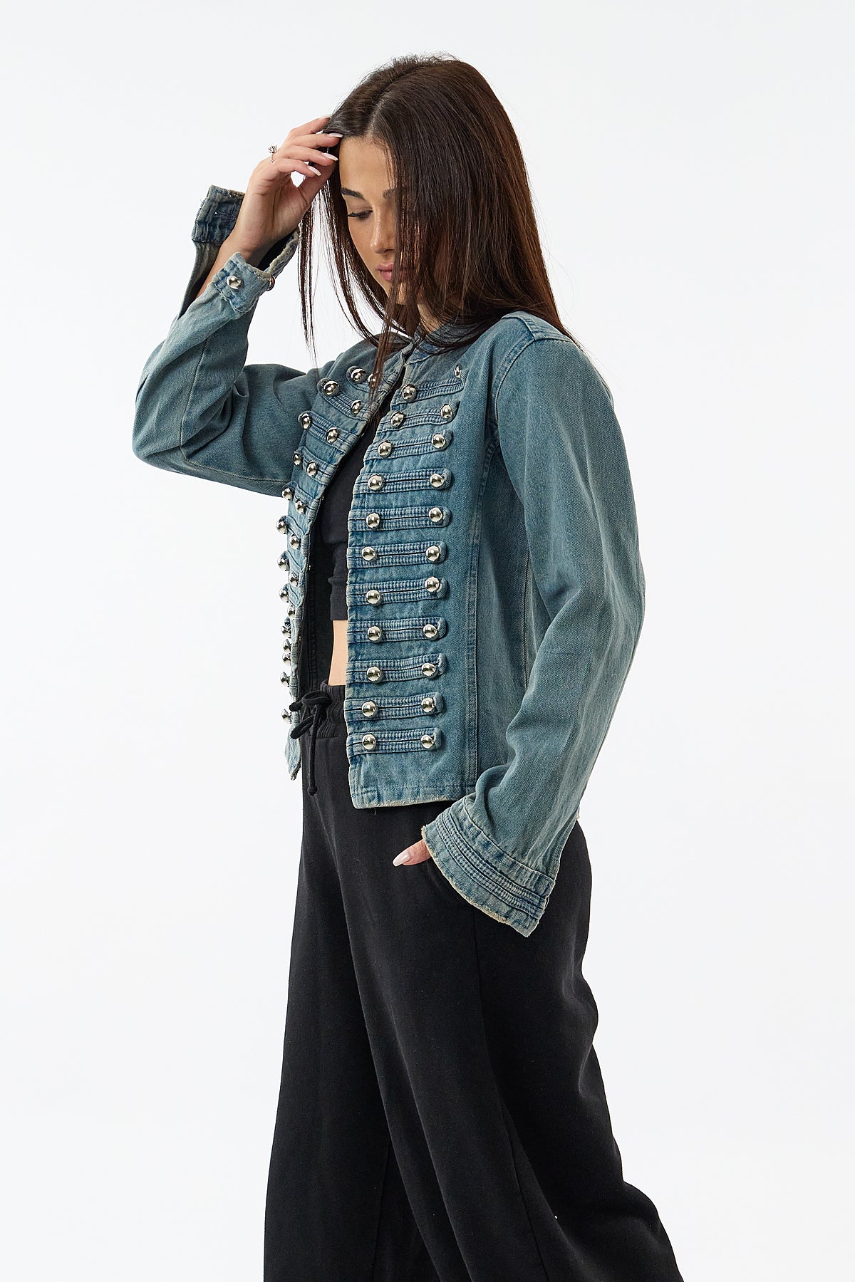 Tasarım Denim Düğmeli Mavi Kadın Ceket COC3633