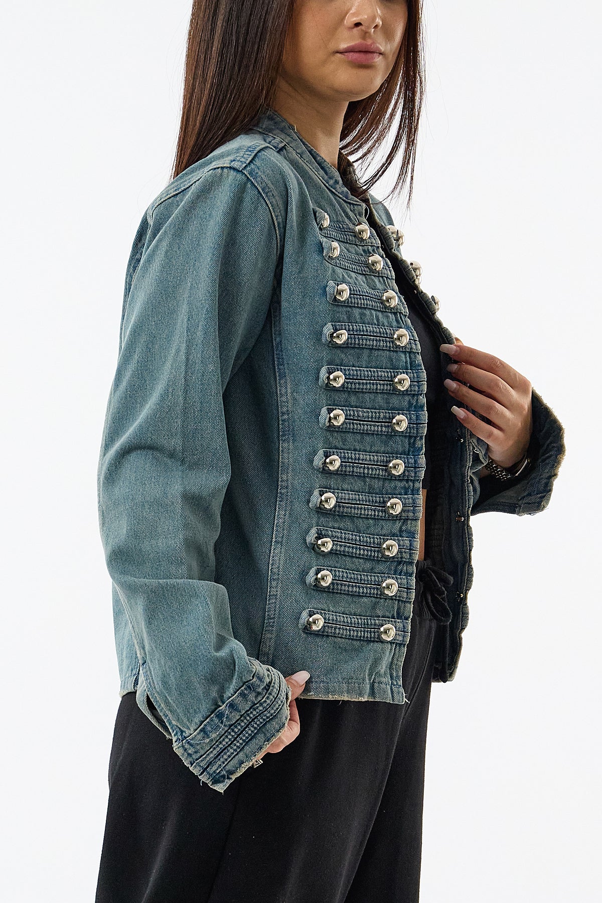 Tasarım Denim Düğmeli Mavi Kadın Ceket COC3633