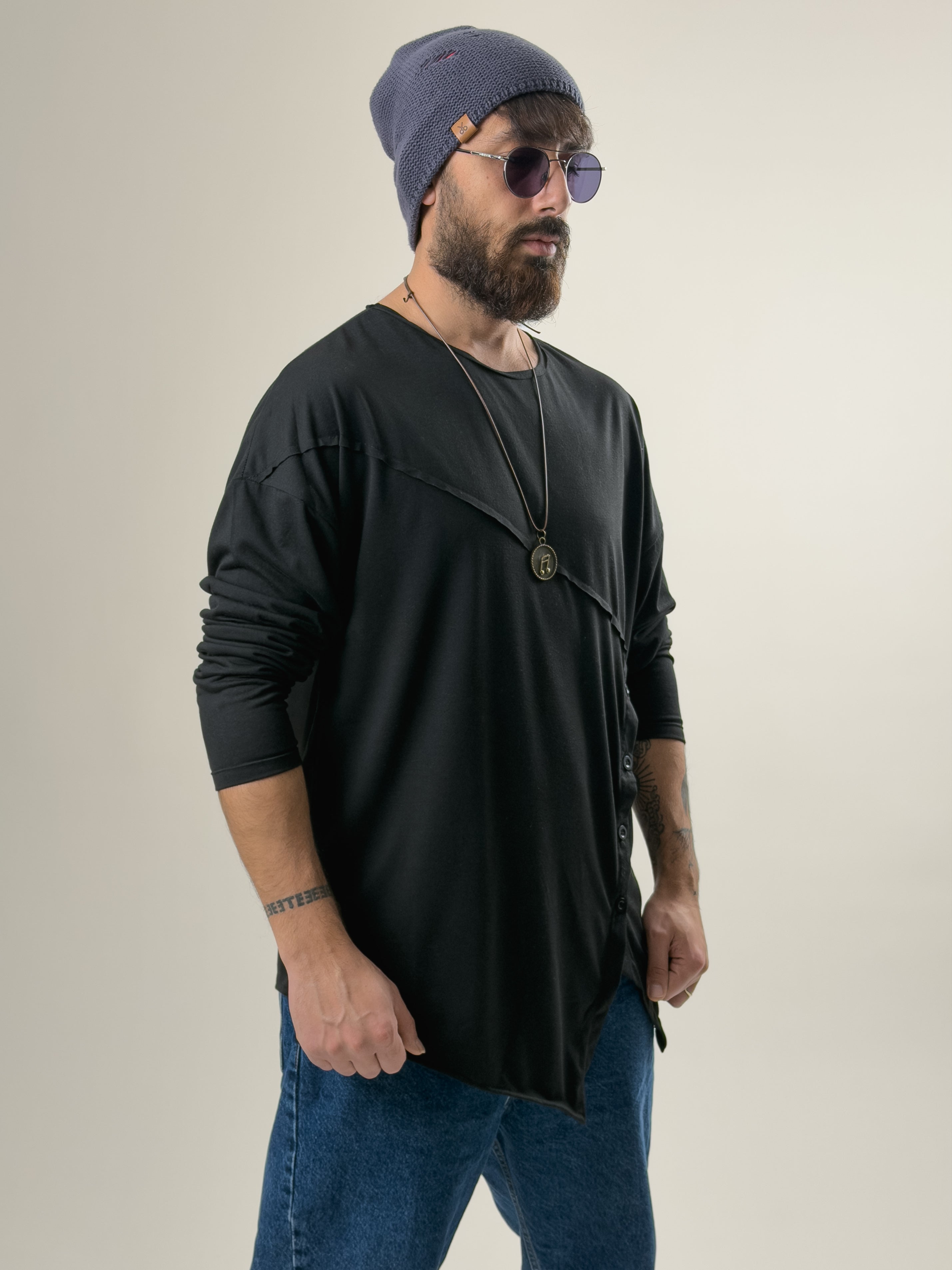 Tasarım Düğme Detaylı Siyah Erkek Sweat COC2634