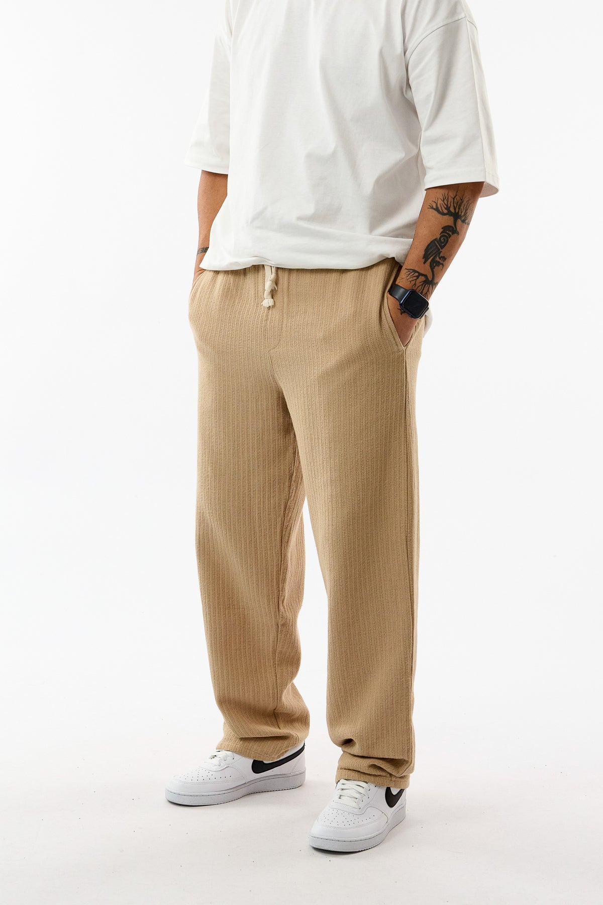 Tasarım Fitilli Kumaş Bej Baggy Erkek Pantolon COC3761