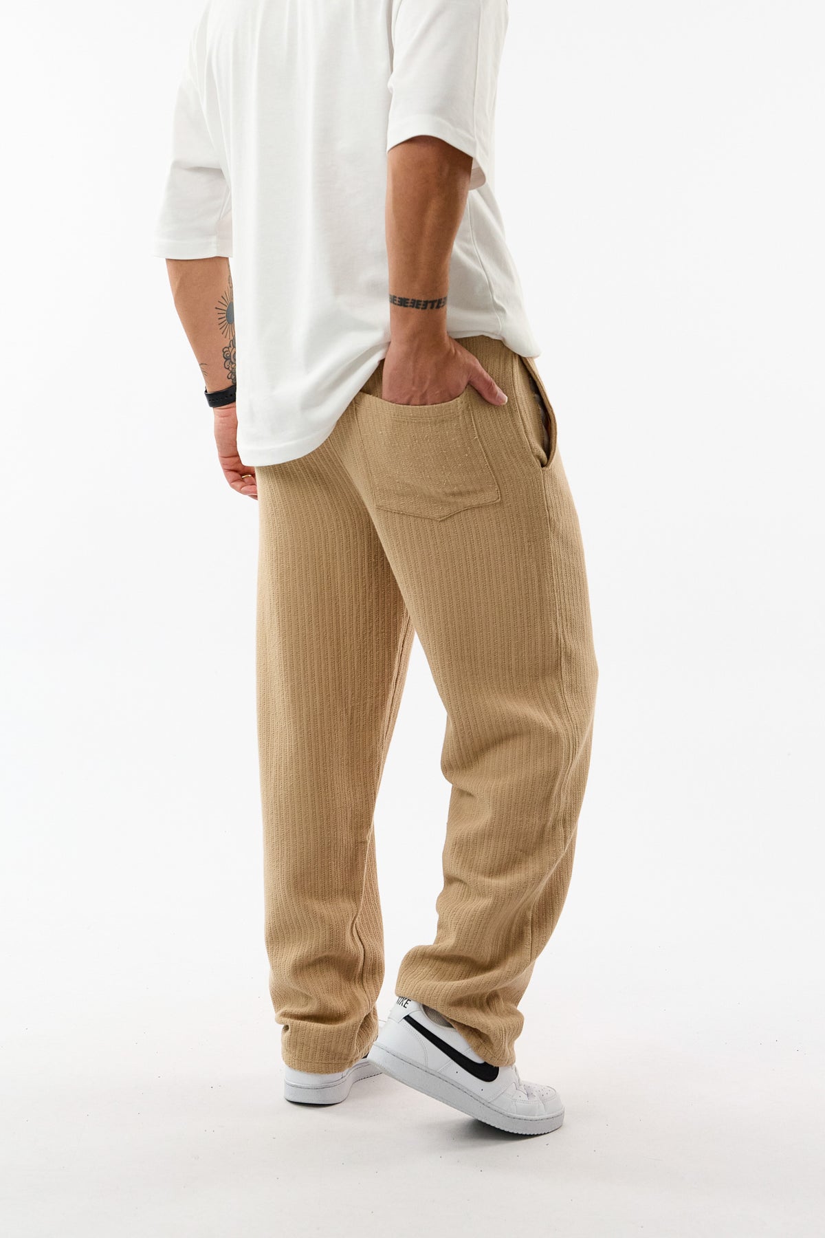 Tasarım Fitilli Kumaş Bej Baggy Erkek Pantolon COC3761
