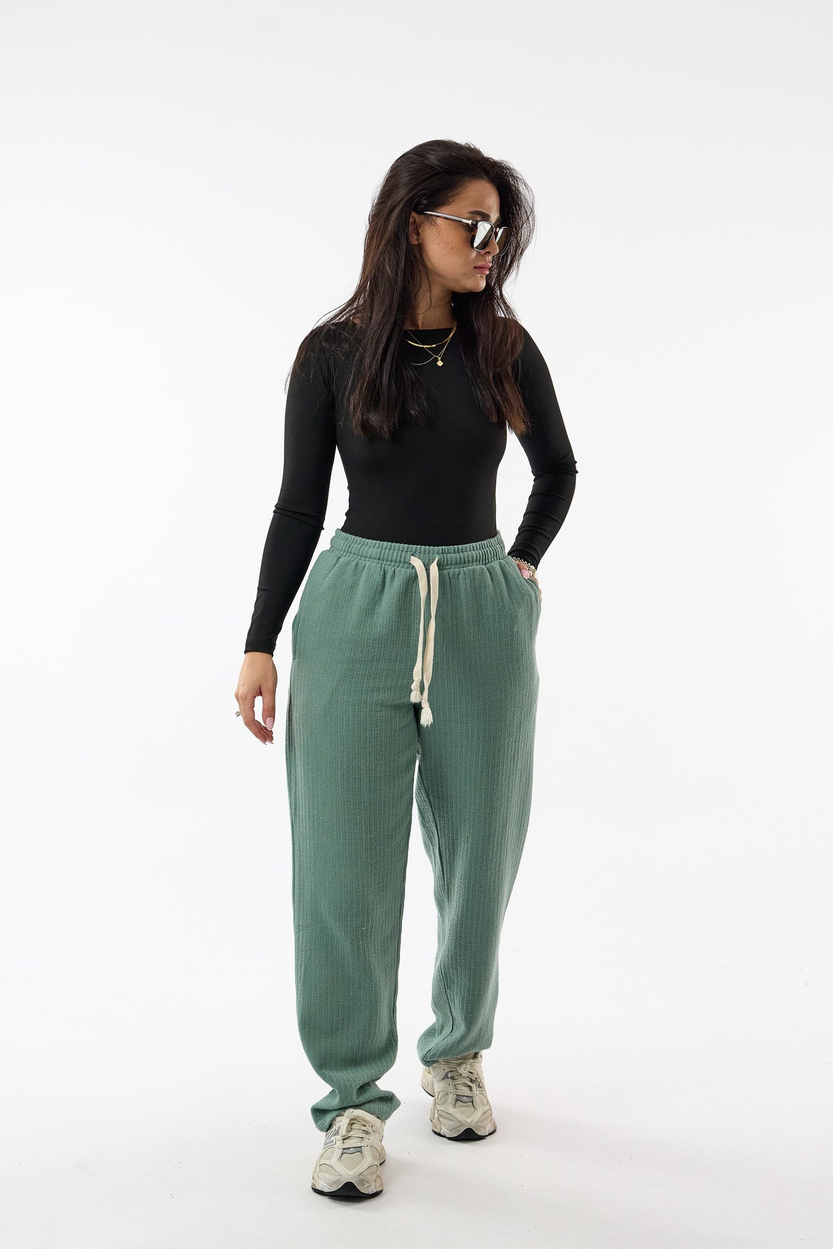 Tasarım Fitilli Kumaş Mint Yeşili Baggy Kadın Pantolon COC3760