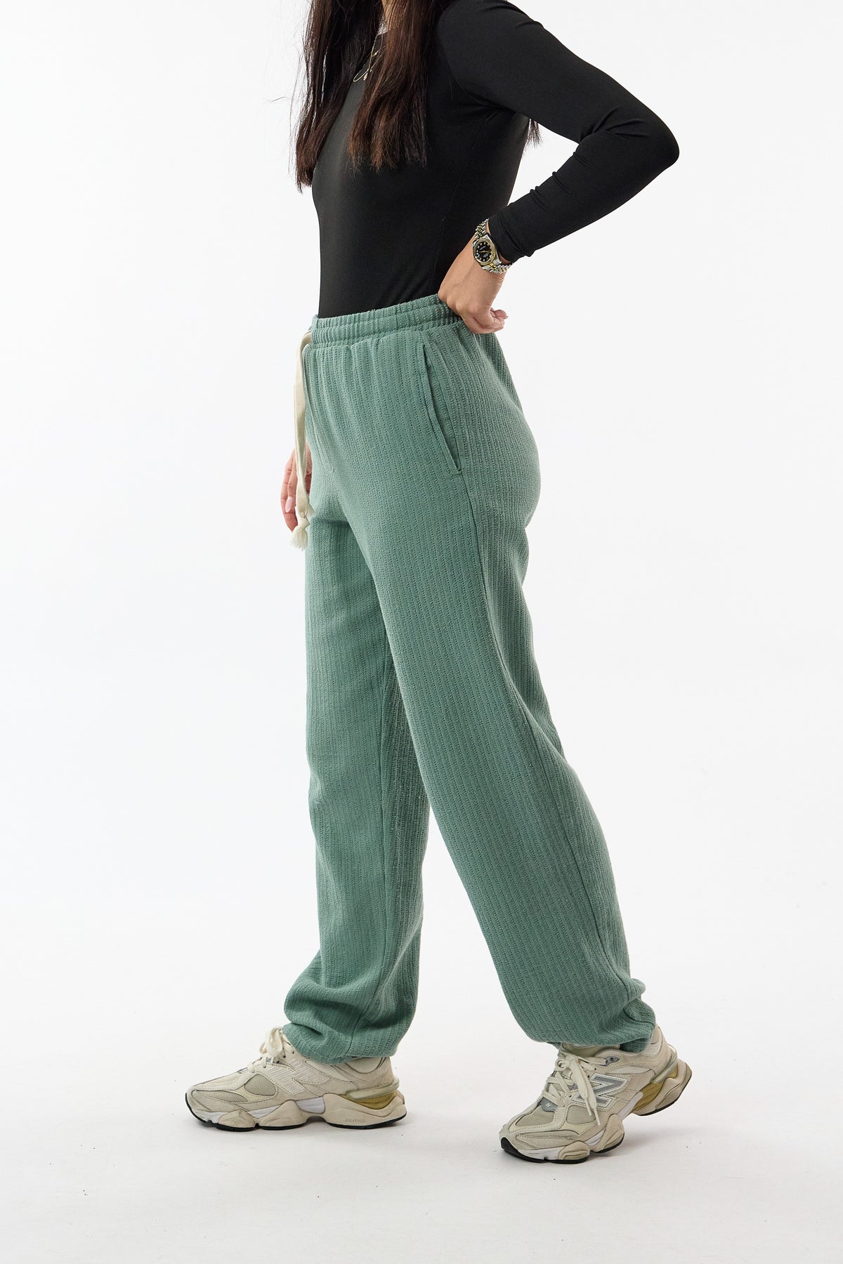 Tasarım Fitilli Kumaş Mint Yeşili Baggy Kadın Pantolon COC3760