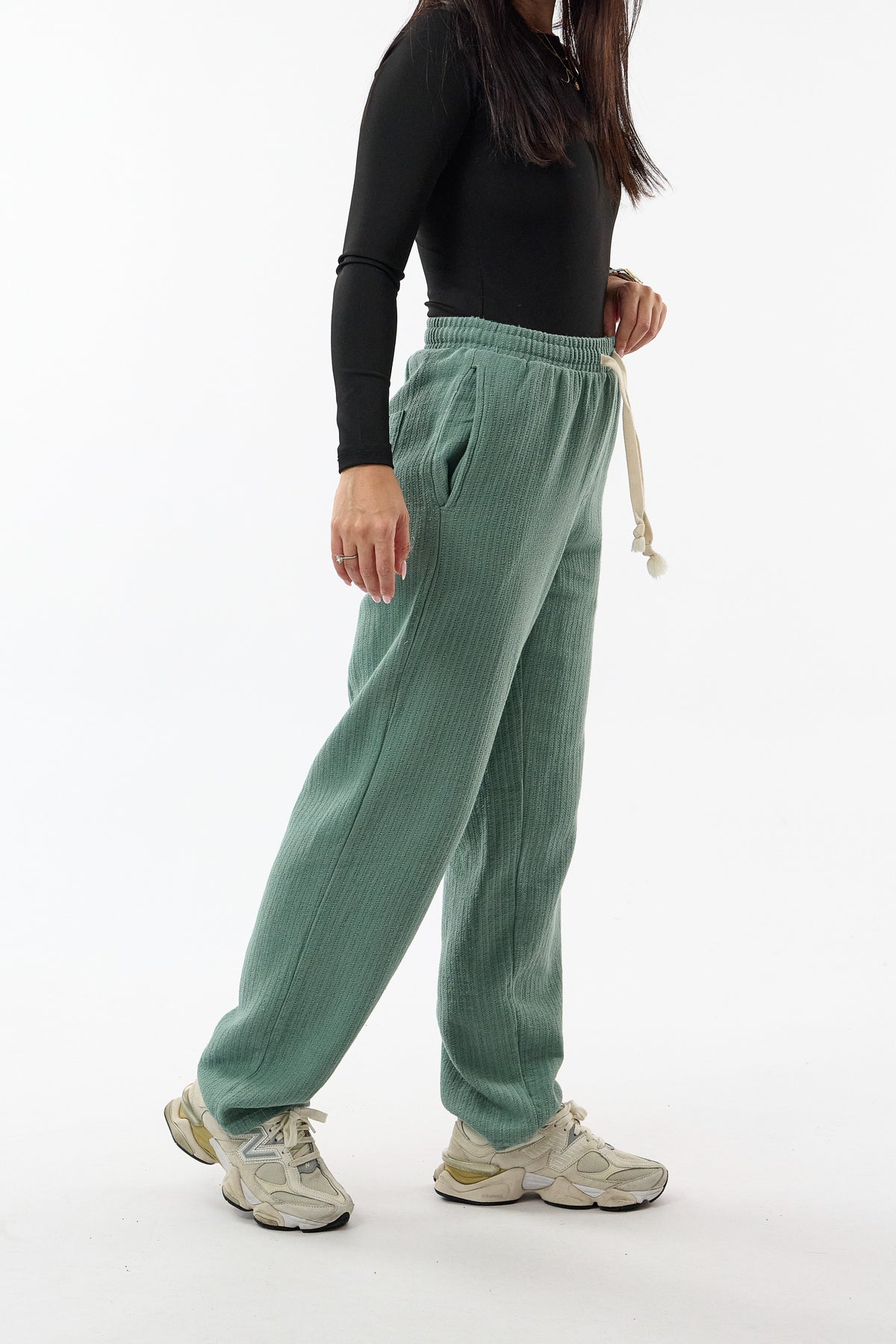 Tasarım Fitilli Kumaş Mint Yeşili Baggy Kadın Pantolon COC3760