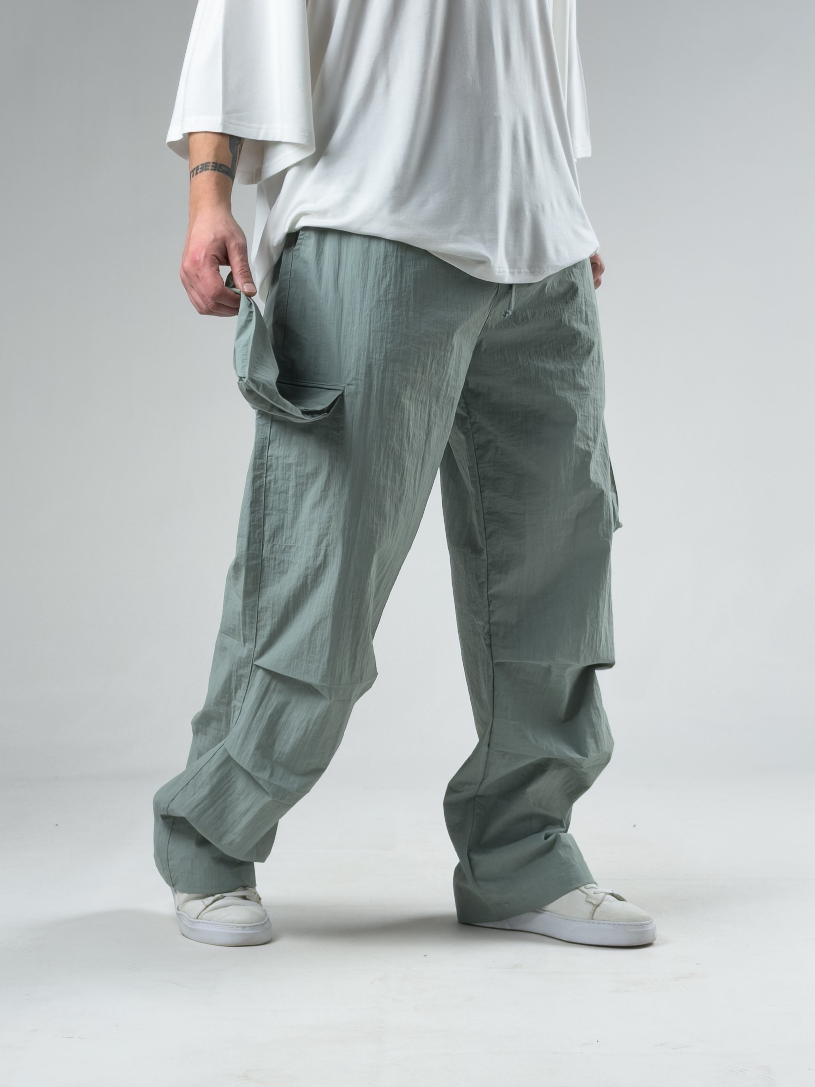 Tasarım Kargo Cepli Paraşüt Kumaş Mint Yeşili Baggy Pantolon COC3078
