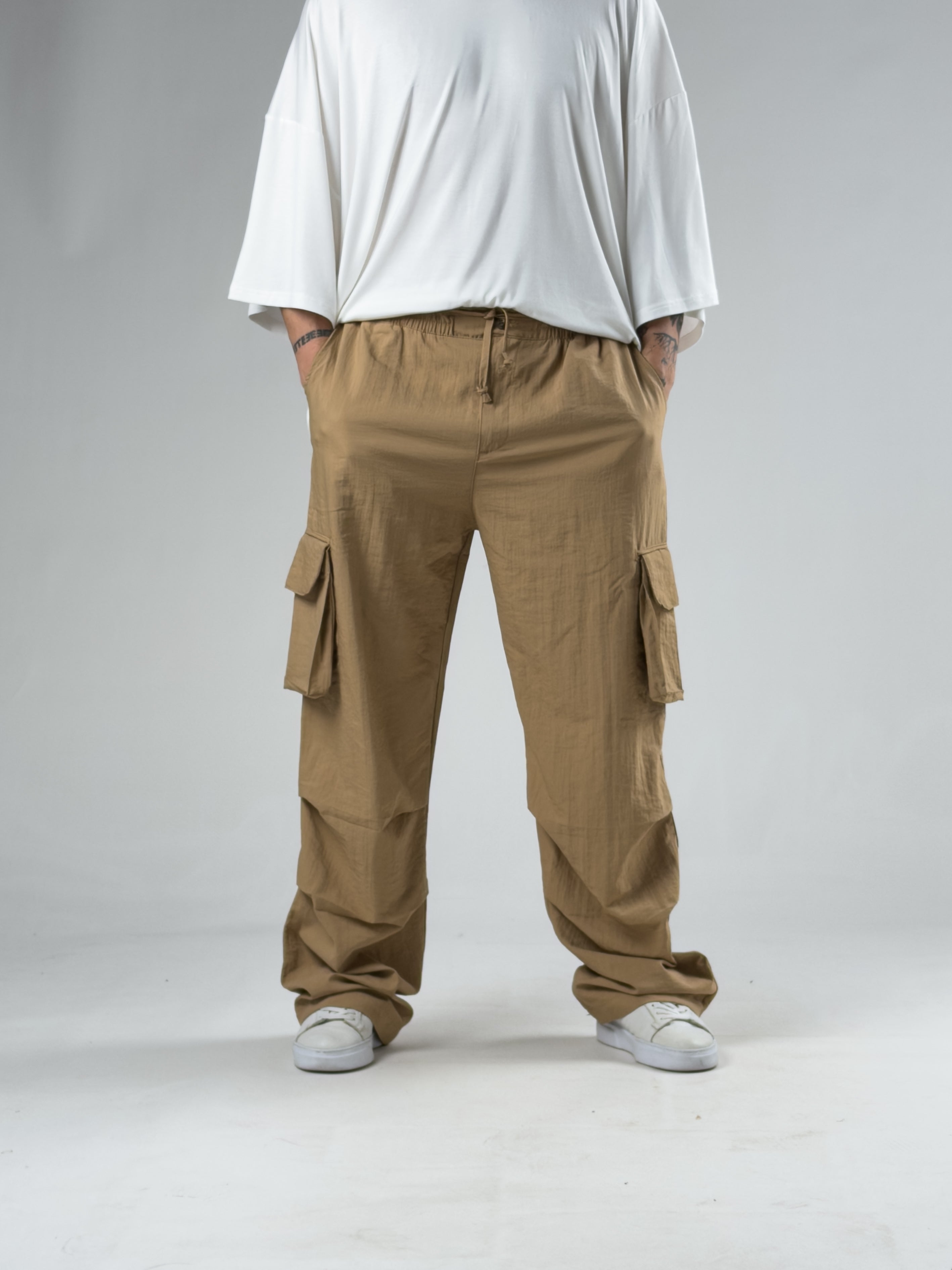 Tasarım Kargo Cepli Paraşüt Kumaş Taba Baggy Pantolon COC3080