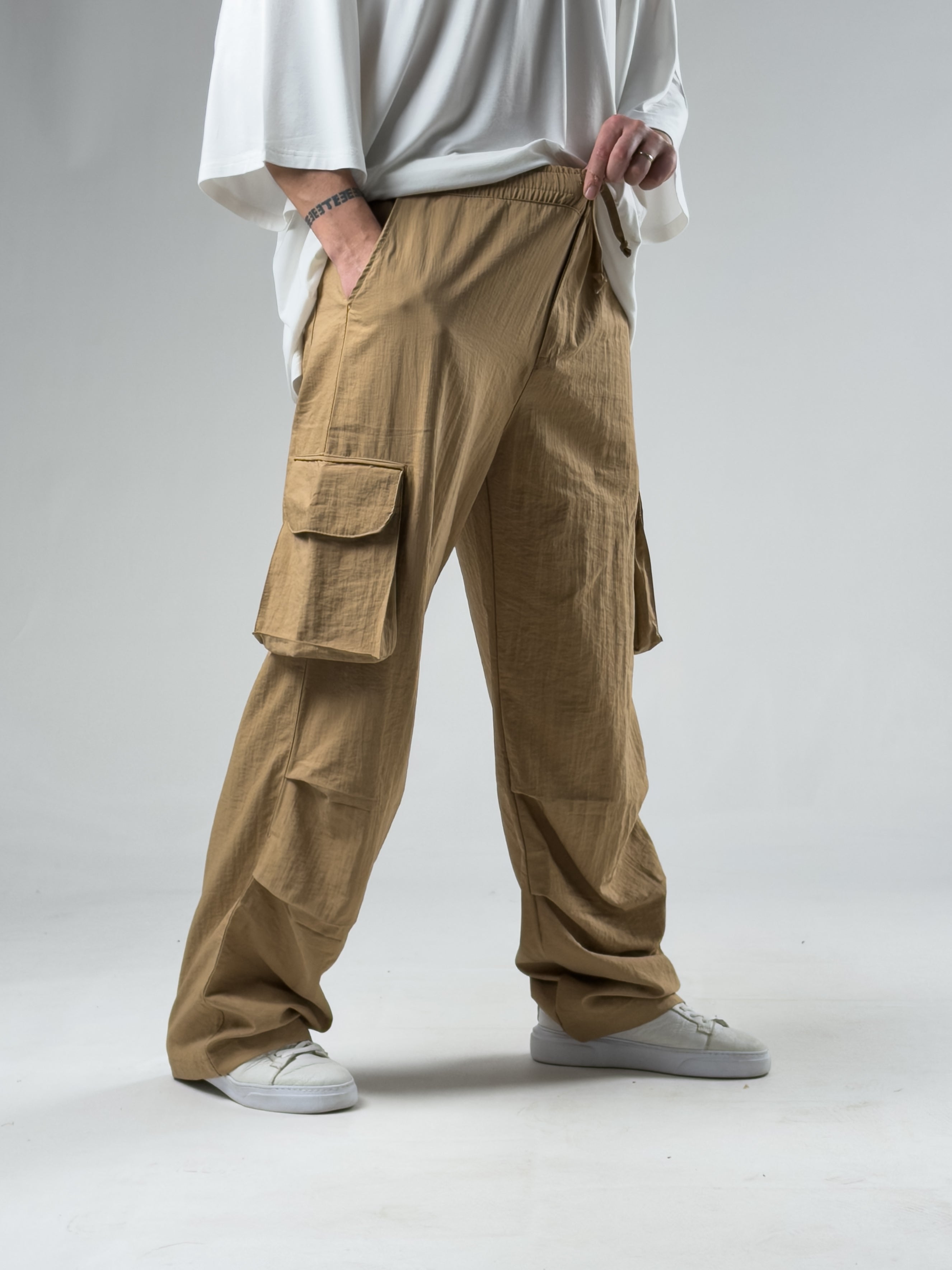 Tasarım Kargo Cepli Paraşüt Kumaş Taba Baggy Pantolon COC3080
