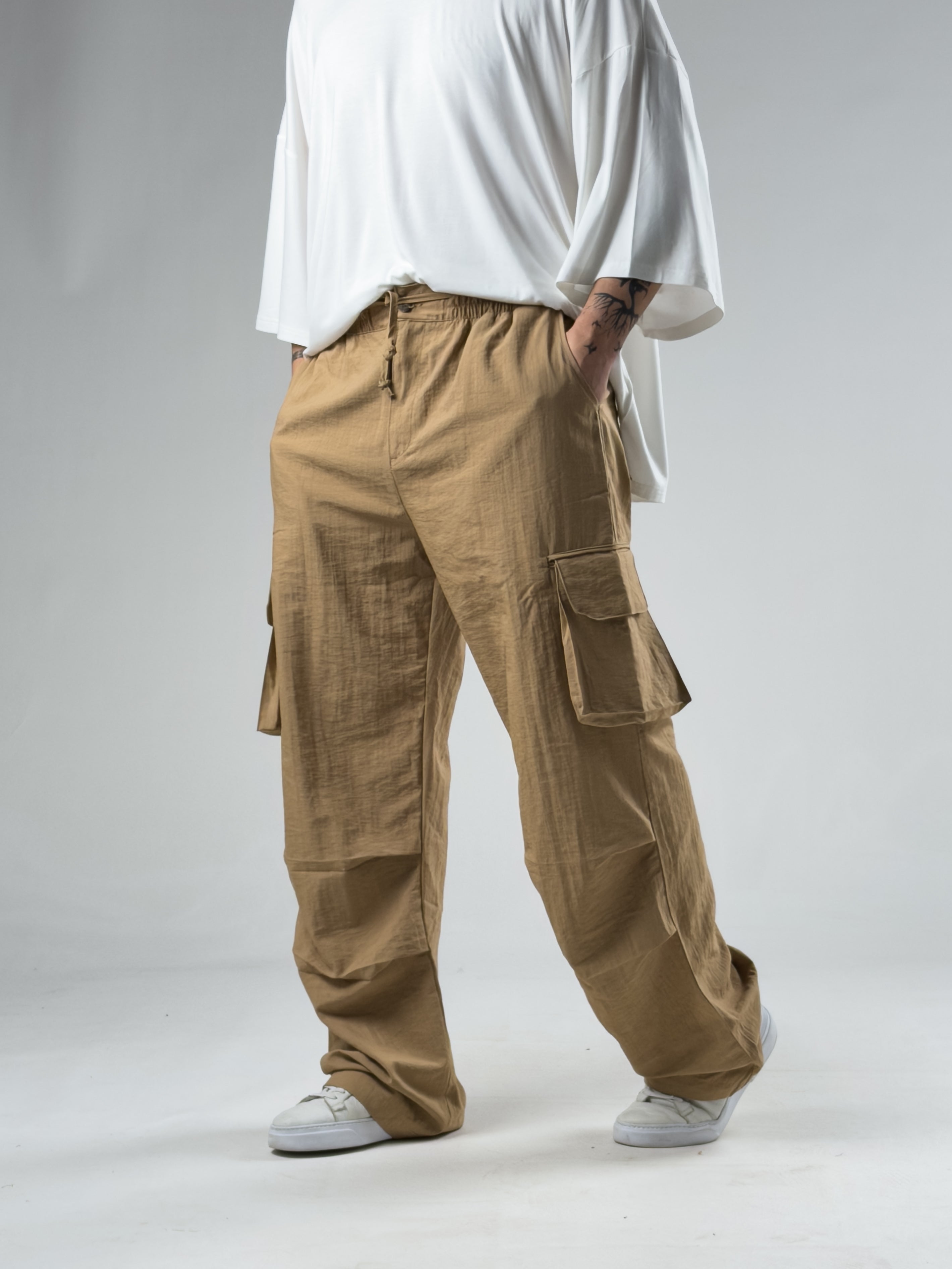 Tasarım Kargo Cepli Paraşüt Kumaş Taba Baggy Pantolon COC3080