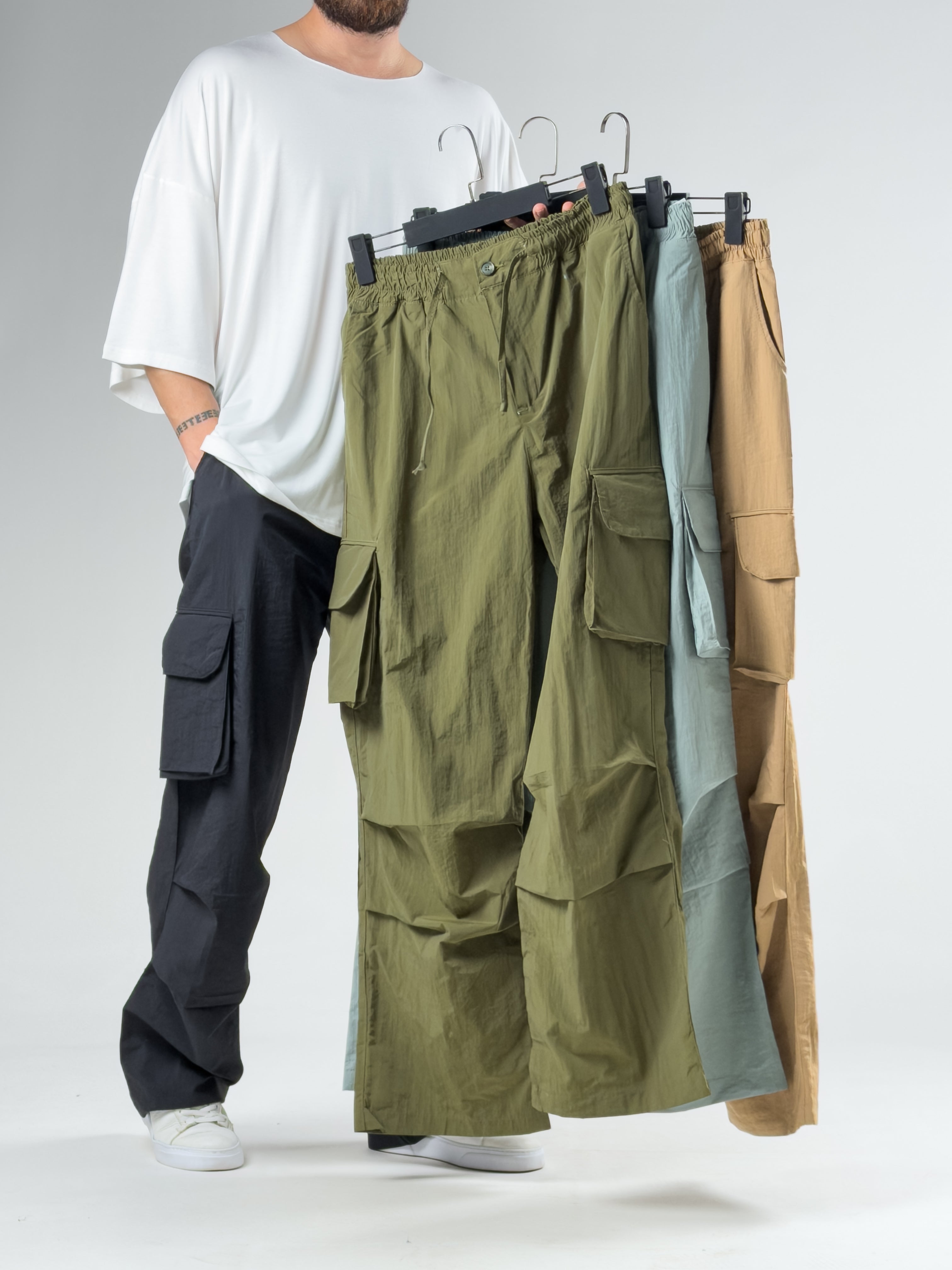 Tasarım Kargo Cepli Paraşüt Kumaş Yeşil Baggy Pantolon COC3081