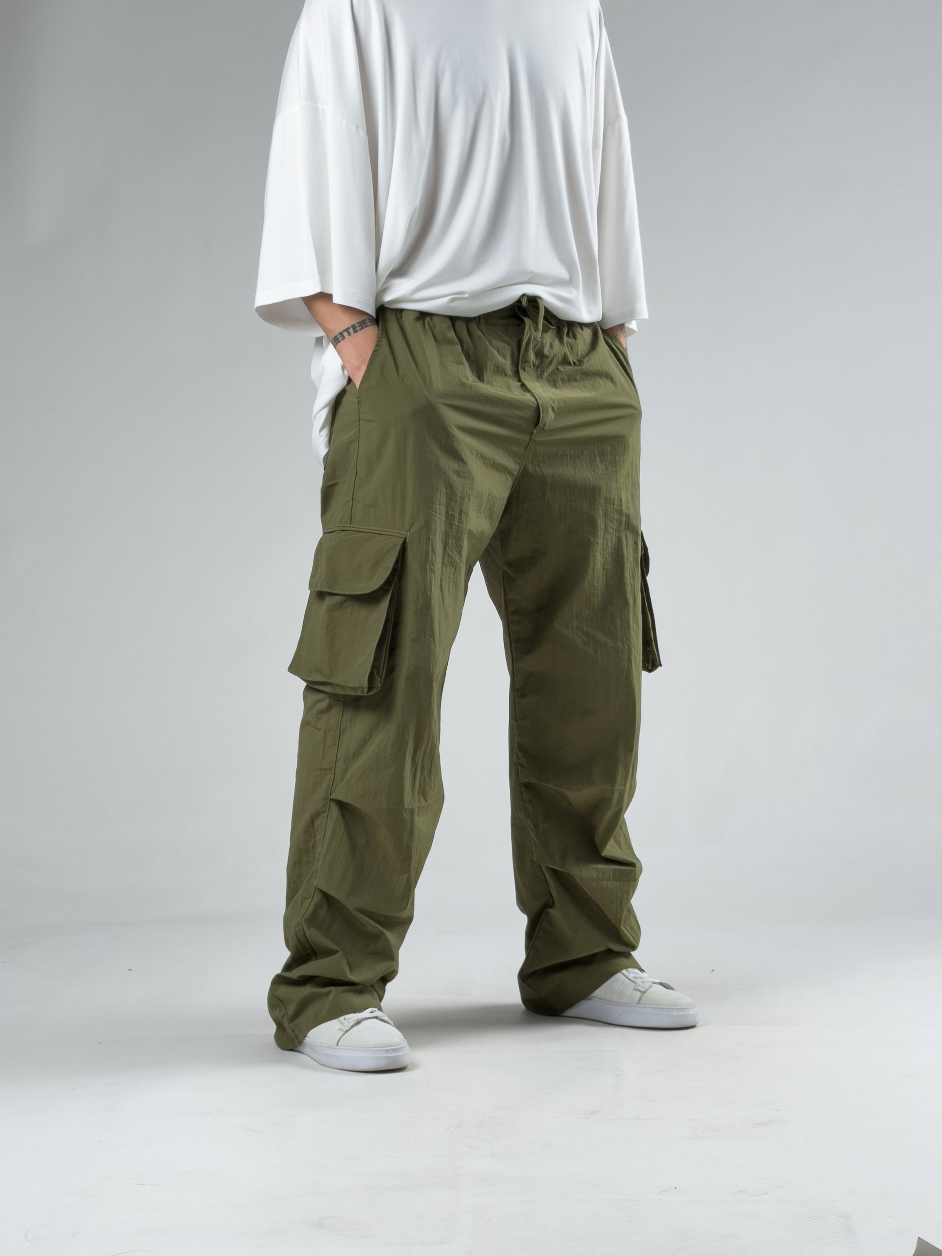 Tasarım Kargo Cepli Paraşüt Kumaş Yeşil Baggy Pantolon COC3081