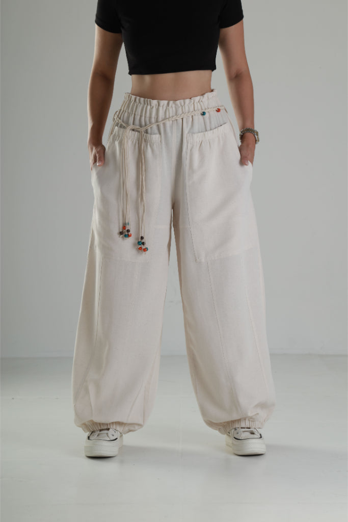 Tasarım Keten Bej Baggy Pantolon COC1291