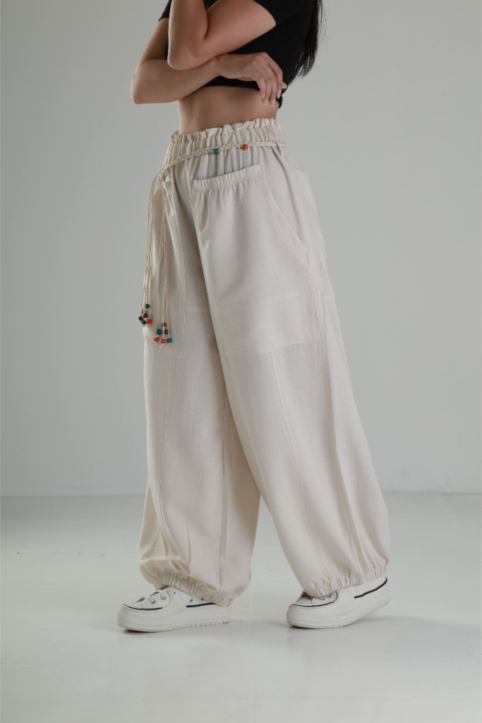 Tasarım Keten Bej Baggy Pantolon COC1291