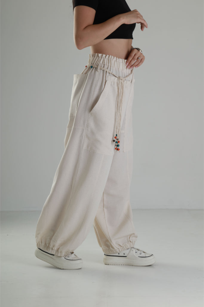 Tasarım Keten Bej Baggy Pantolon COC1291