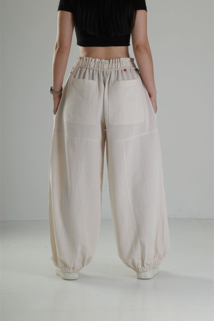 Tasarım Keten Bej Baggy Pantolon COC1291