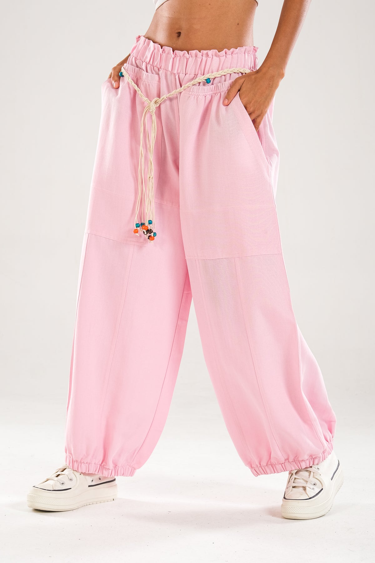 Tasarım Keten Pembe Baggy Pantolon COC1107