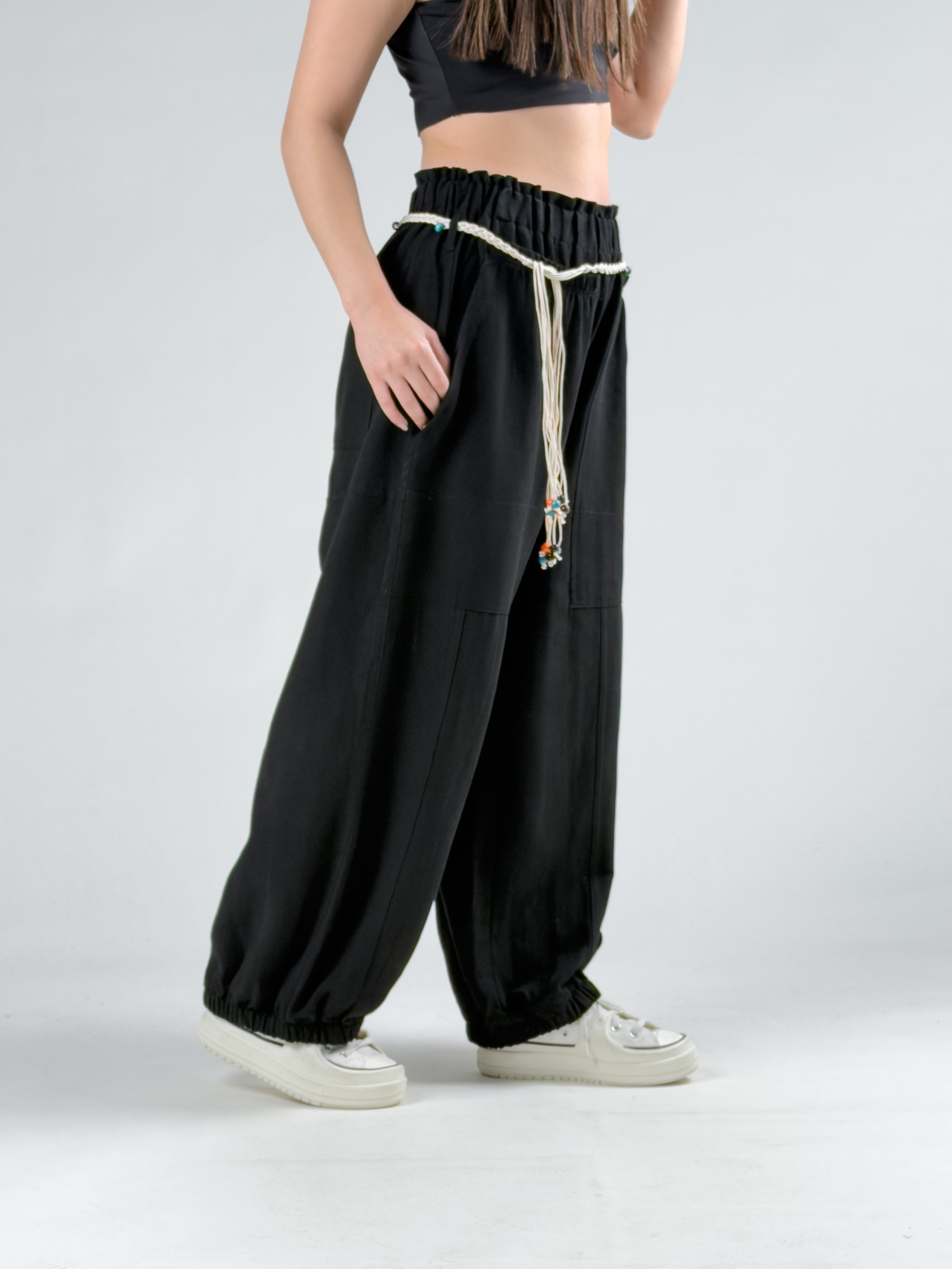 Tasarım Keten Siyah Baggy Pantolon COC2964