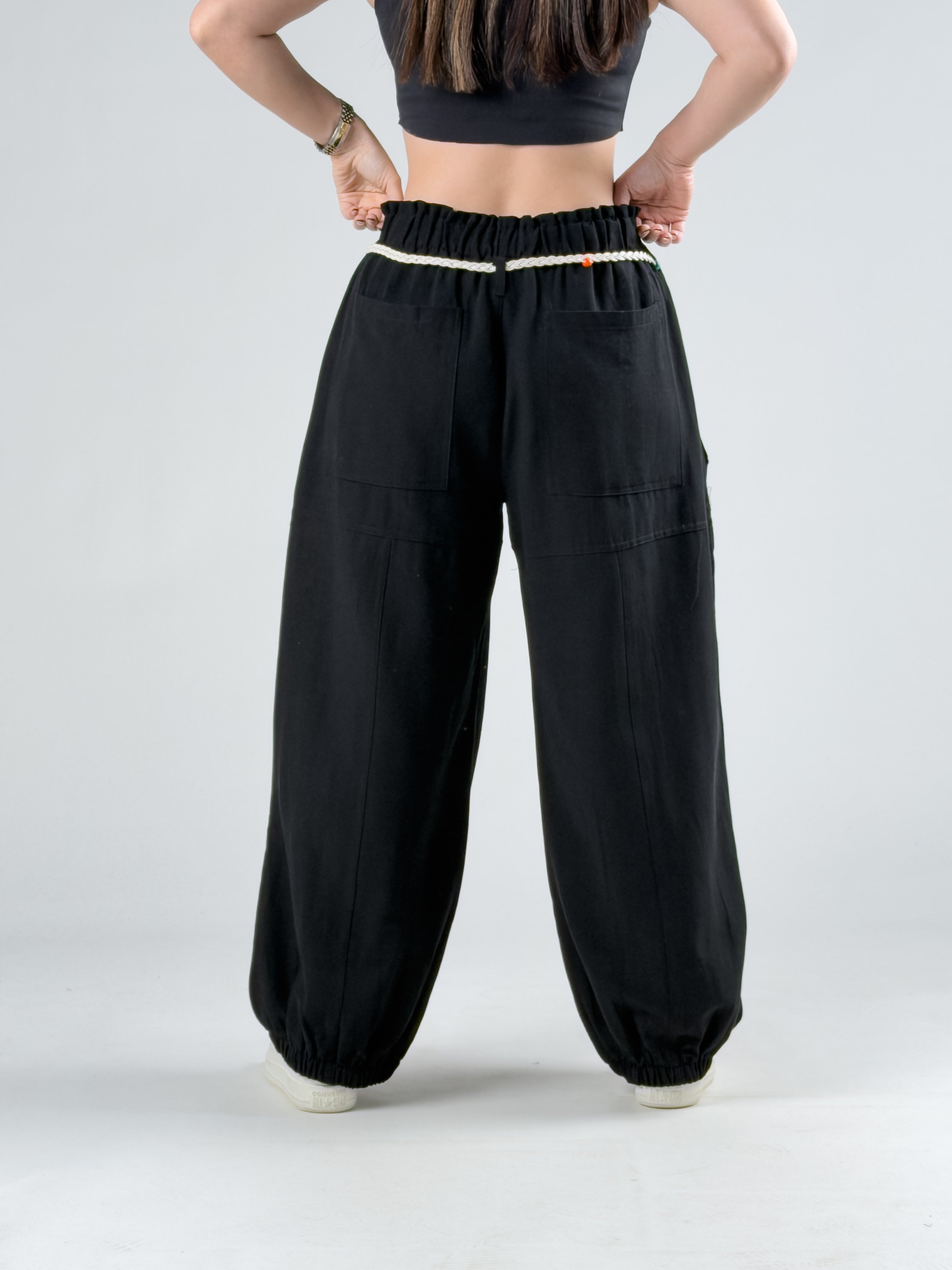 Tasarım Keten Siyah Baggy Pantolon COC2964