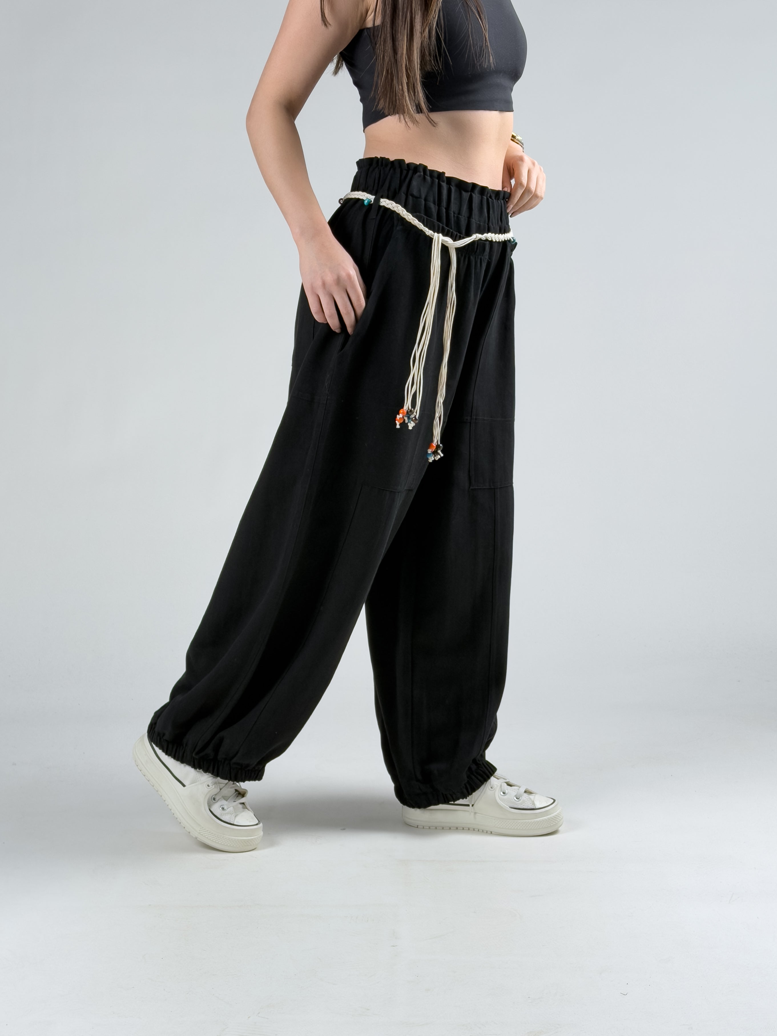 Tasarım Keten Siyah Baggy Pantolon COC2964