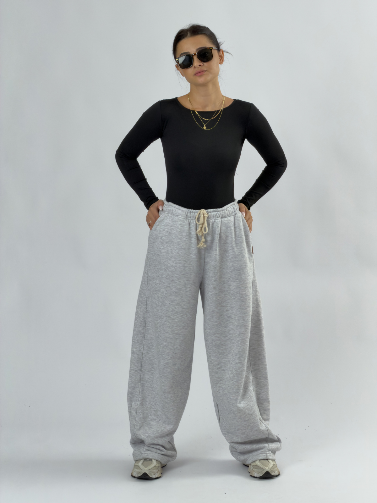 Tasarım Paça Ayarlamalı Gri Kadın Baggy Pantolon COC3508