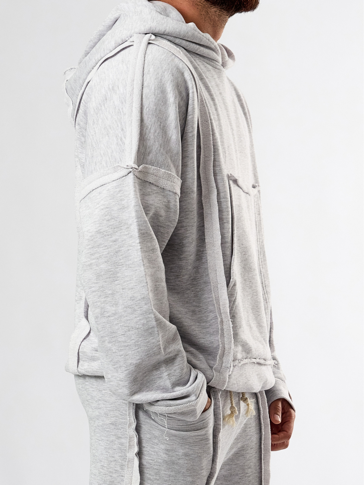 Tasarım Pis Dikişli Gri Erkek Hoodie COC3591