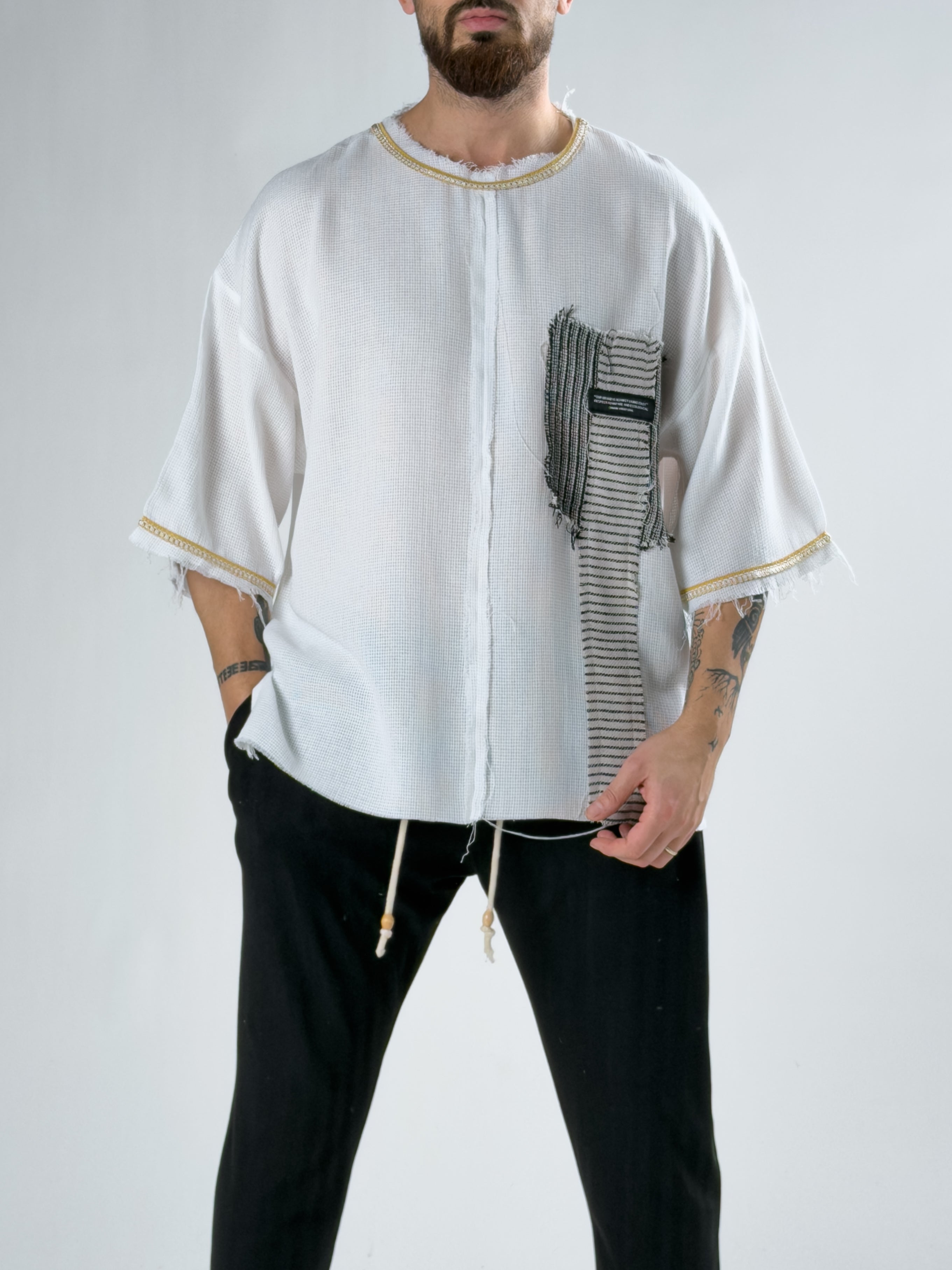 Tasarım Şeritli Beyaz Oversize Erkek T-Shirt COC2896