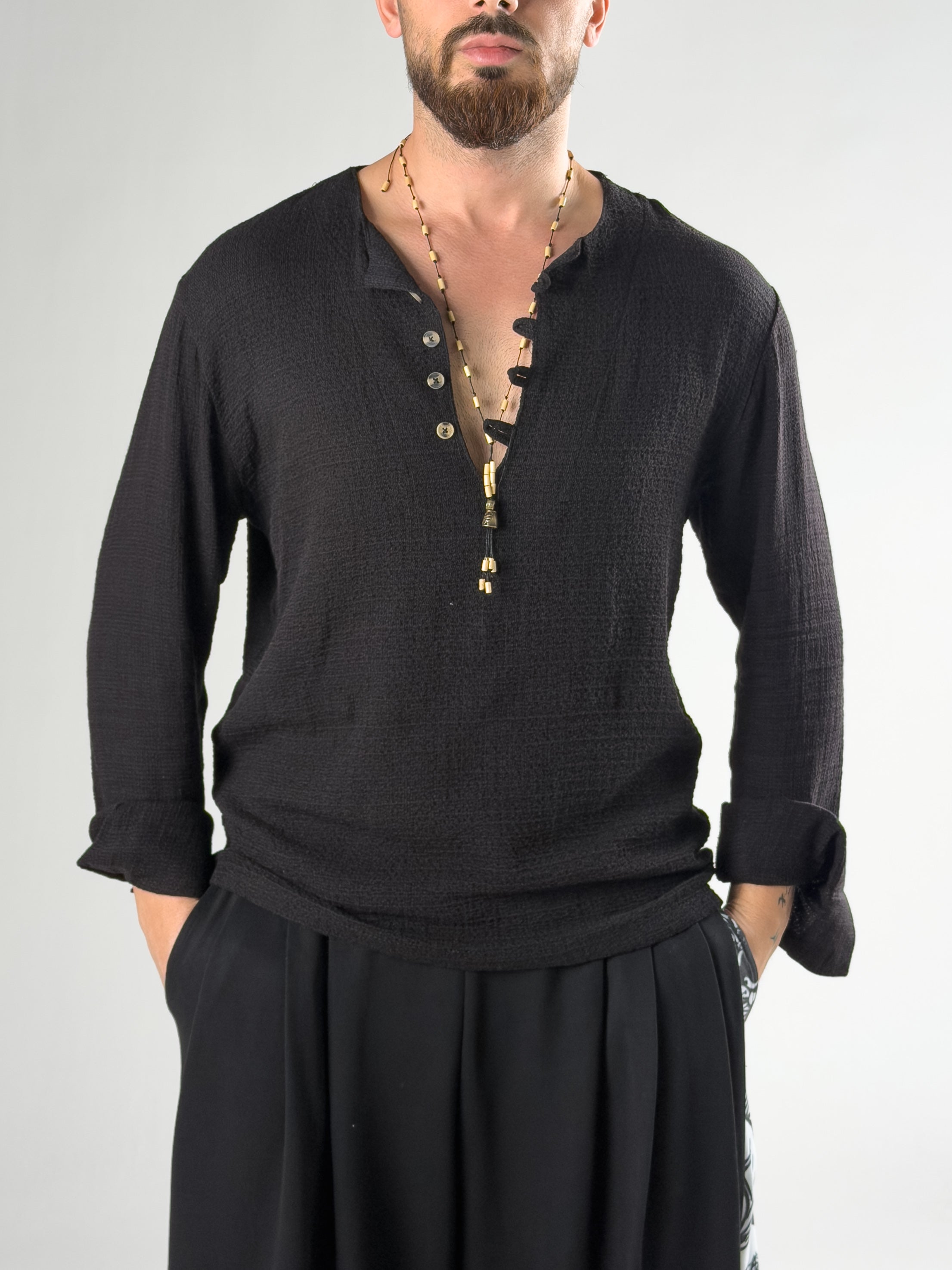 Tasarım Siyah Düğme Detaylı Erkek T-Shirt COC2957