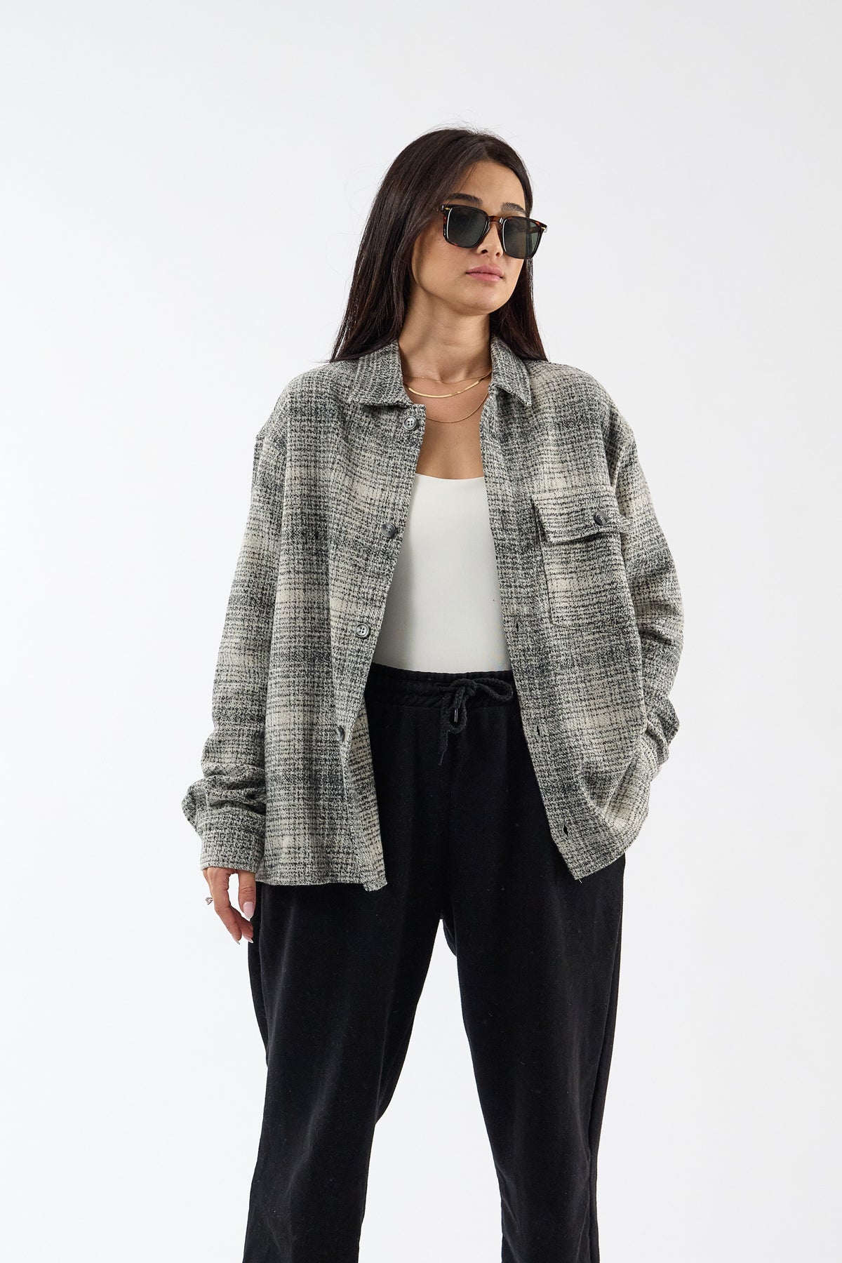 Toscana Pamuk Yün Dokulu Siyah Kadın Overshirt COC3738