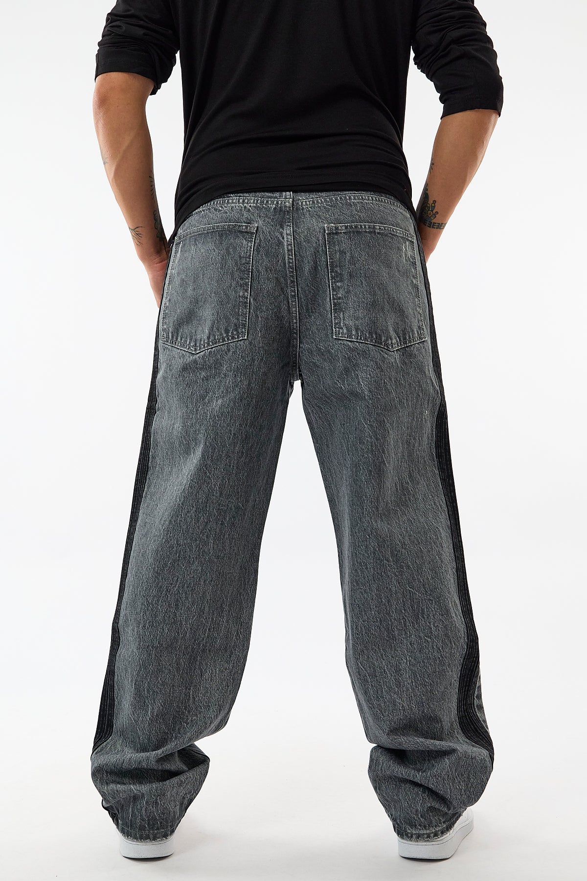Yan Şerit Detaylı Gri Baggy Jean Erkek Pantolon COC3658