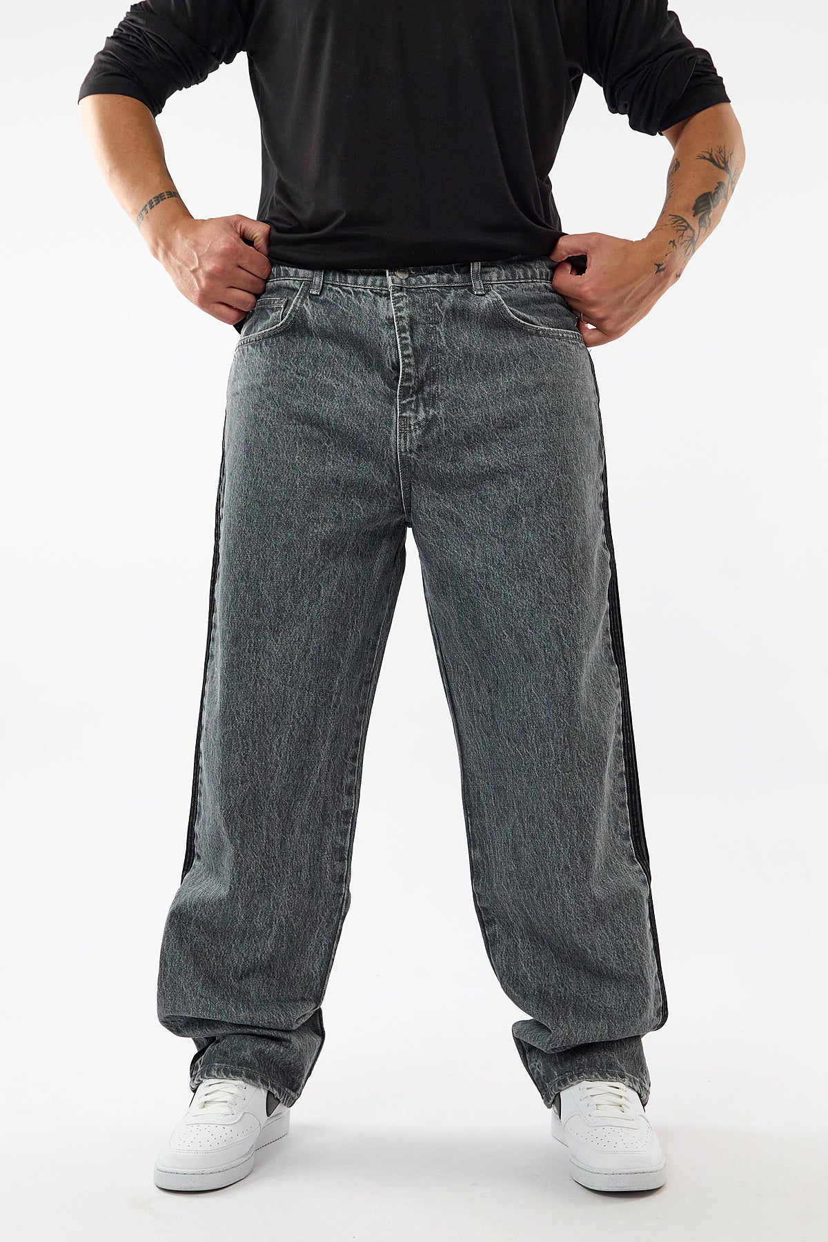 Yan Şerit Detaylı Gri Baggy Jean Erkek Pantolon COC3658
