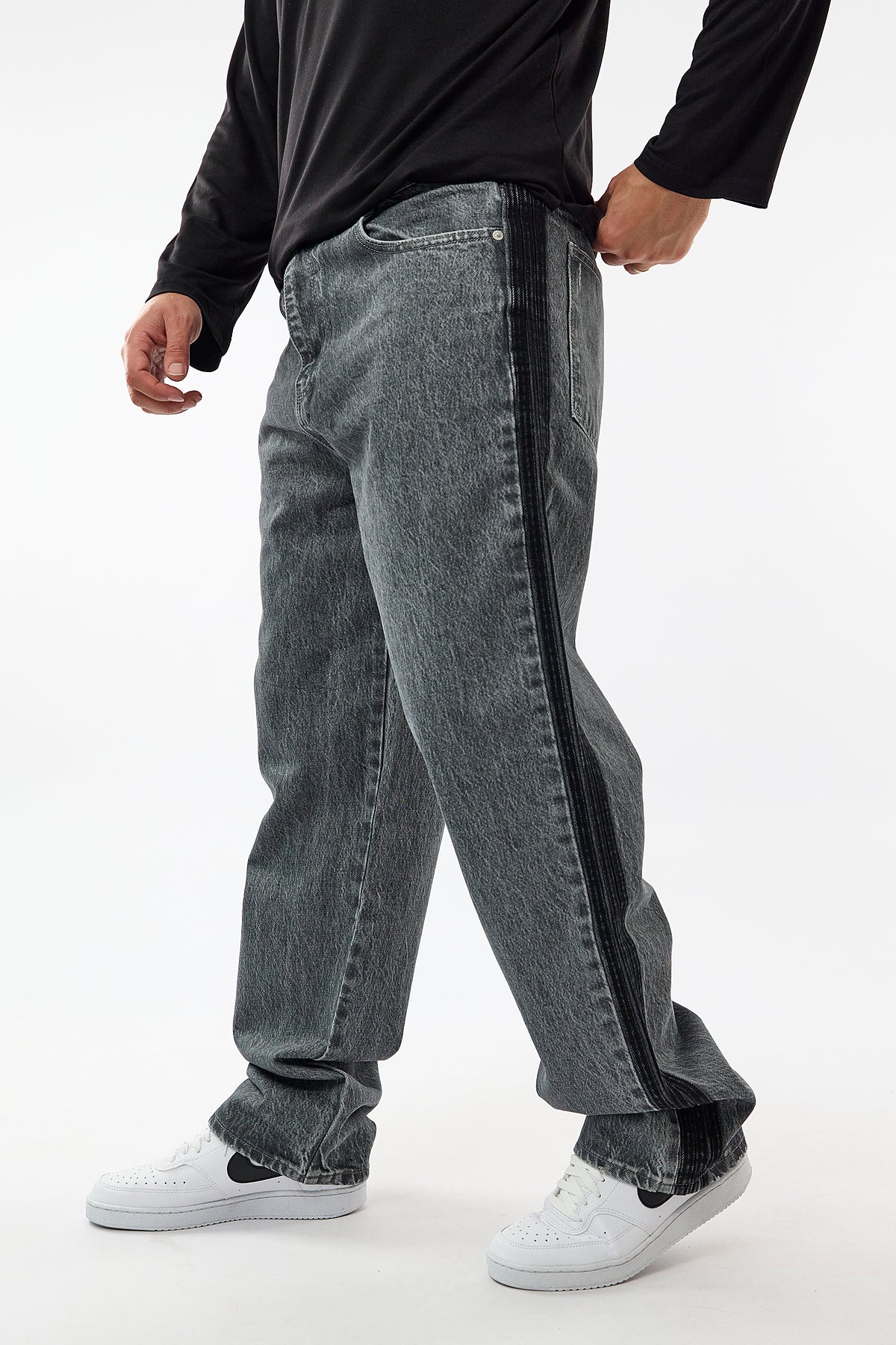 Yan Şerit Detaylı Gri Baggy Jean Erkek Pantolon COC3658