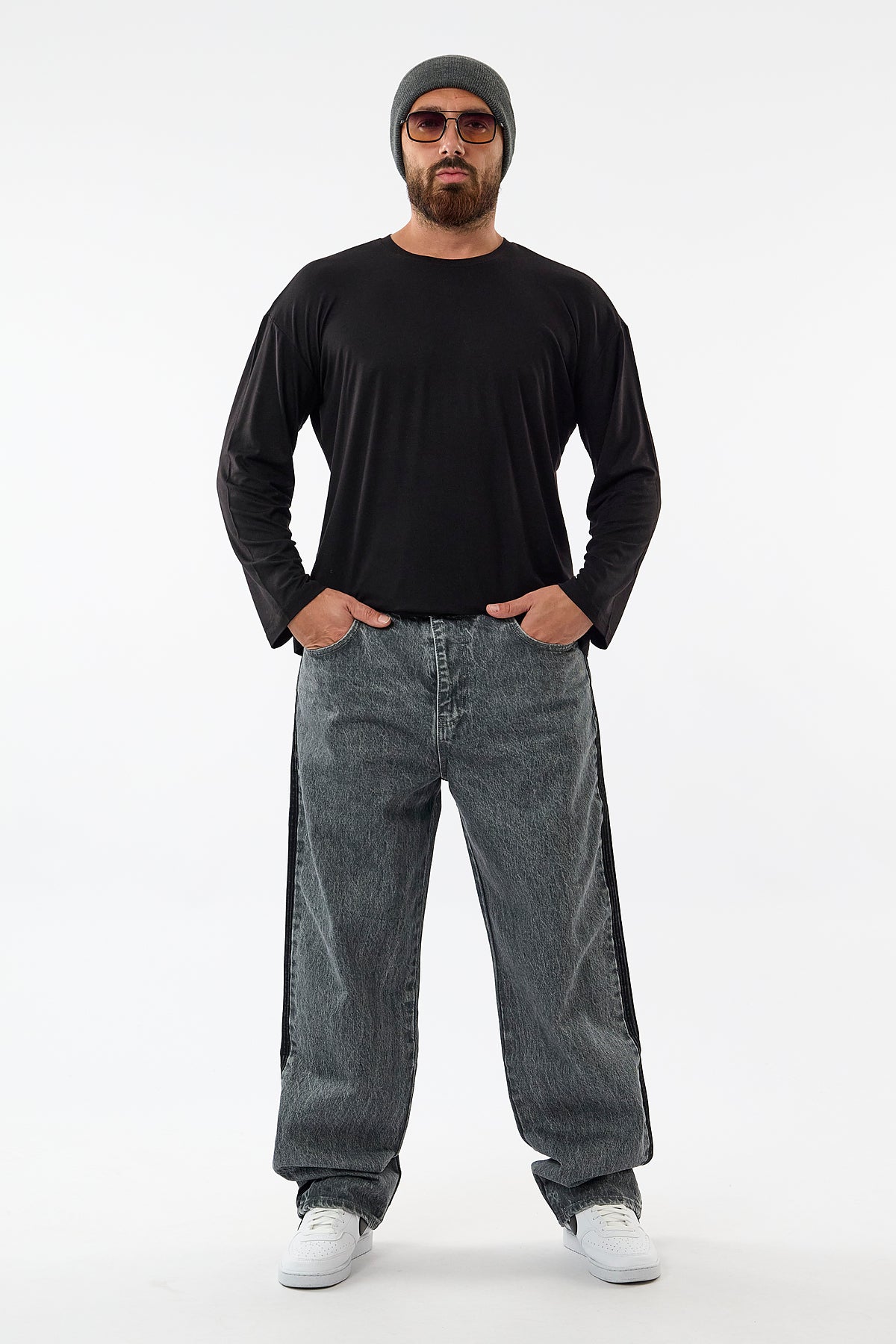 Yan Şerit Detaylı Gri Baggy Jean Erkek Pantolon COC3658