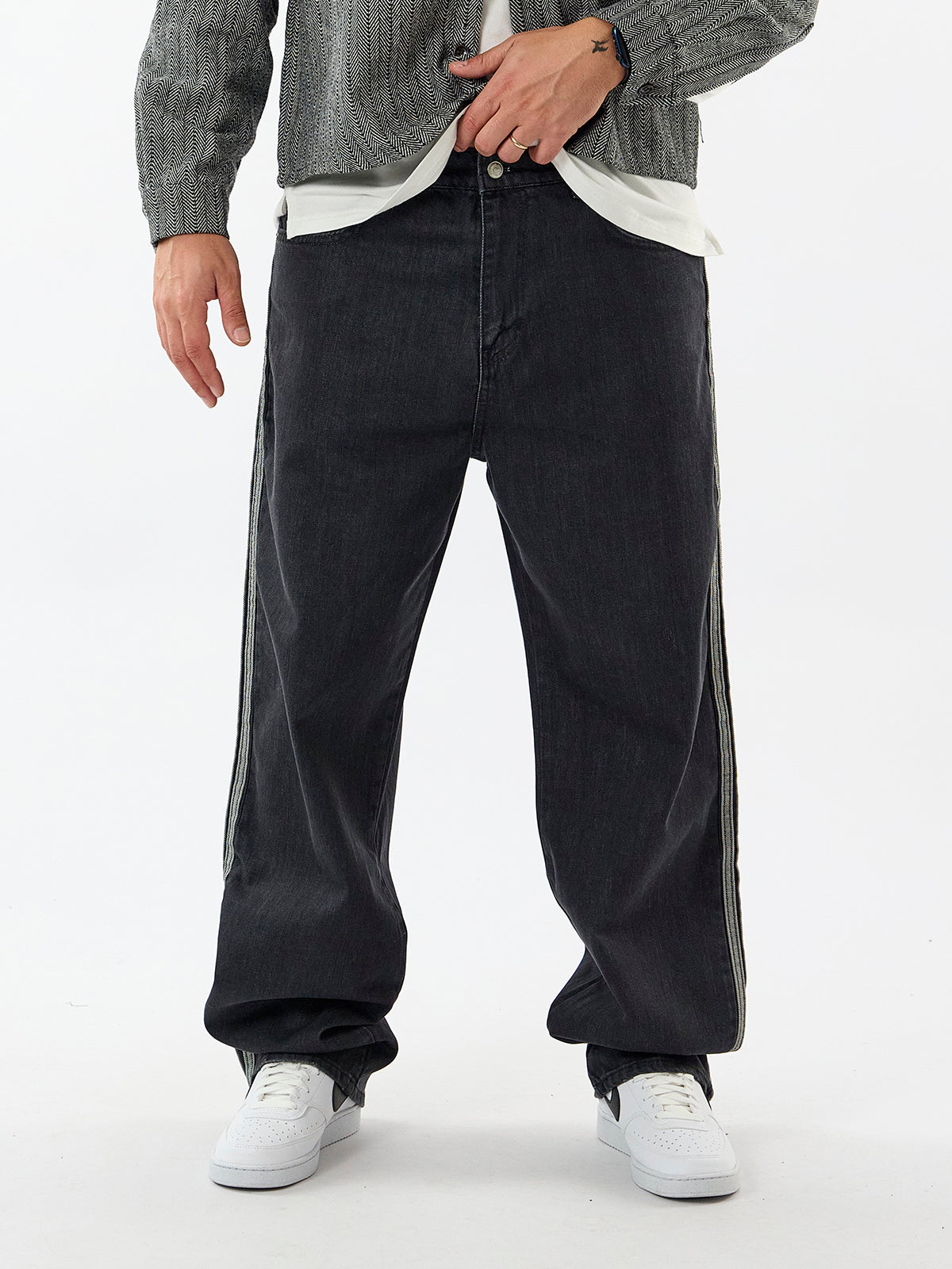 Yan Şerit Detaylı Erkek Siyah Baggy Jean Pantolon COC3600