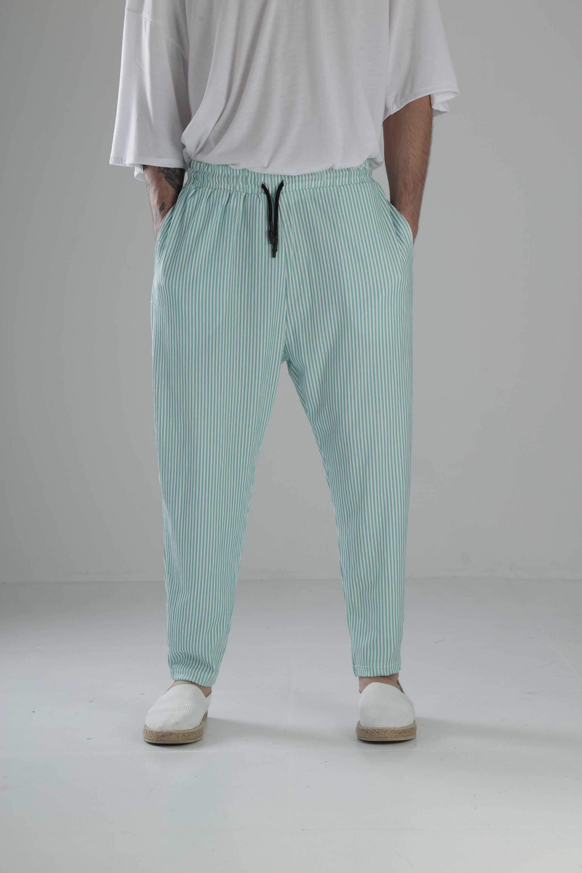 Yeşil Çizgili Bürümcük Kumaş Baget Pantolon COC1843