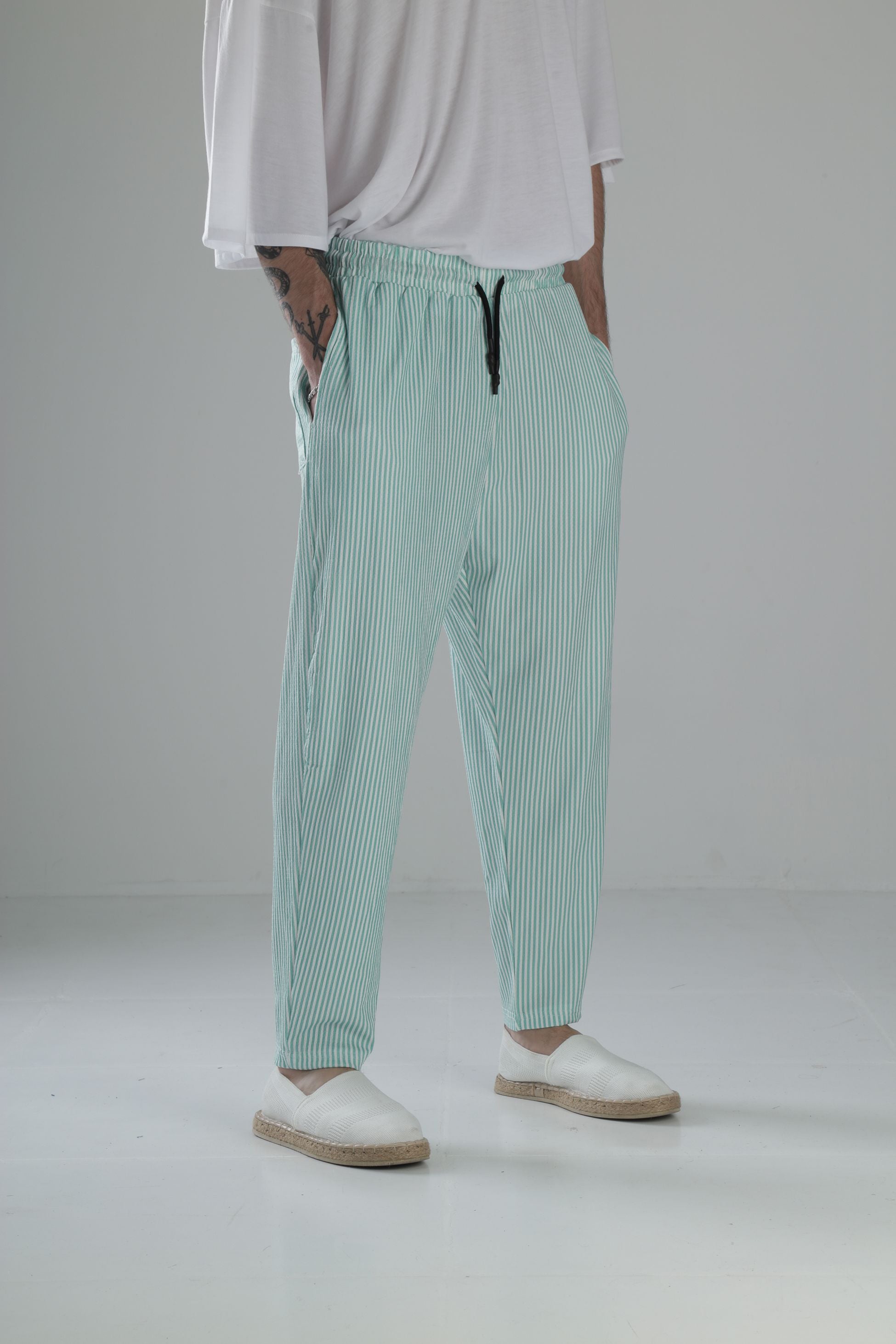 Yeşil Çizgili Bürümcük Kumaş Baget Pantolon COC1843