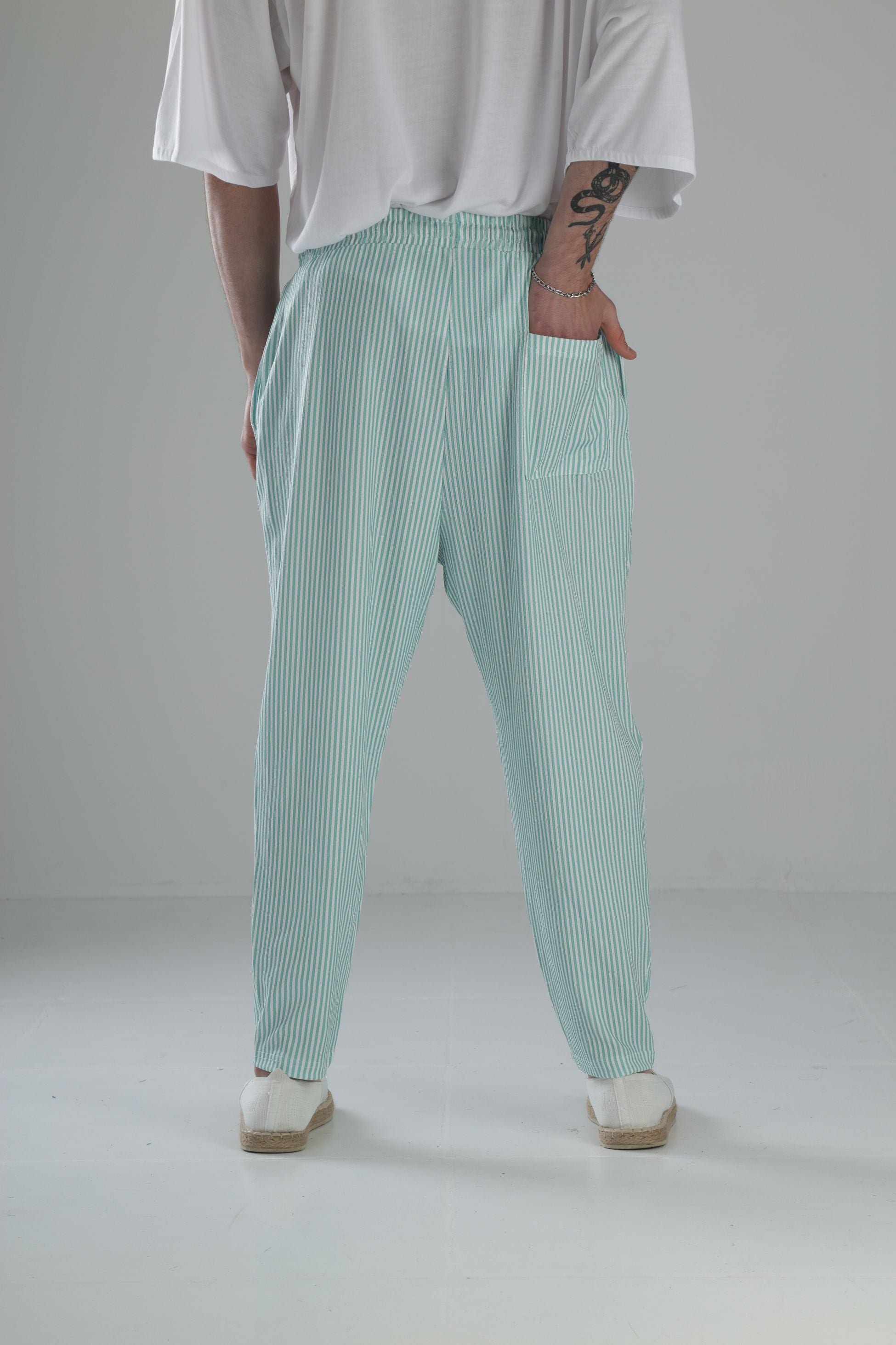Yeşil Çizgili Bürümcük Kumaş Baget Pantolon COC1843
