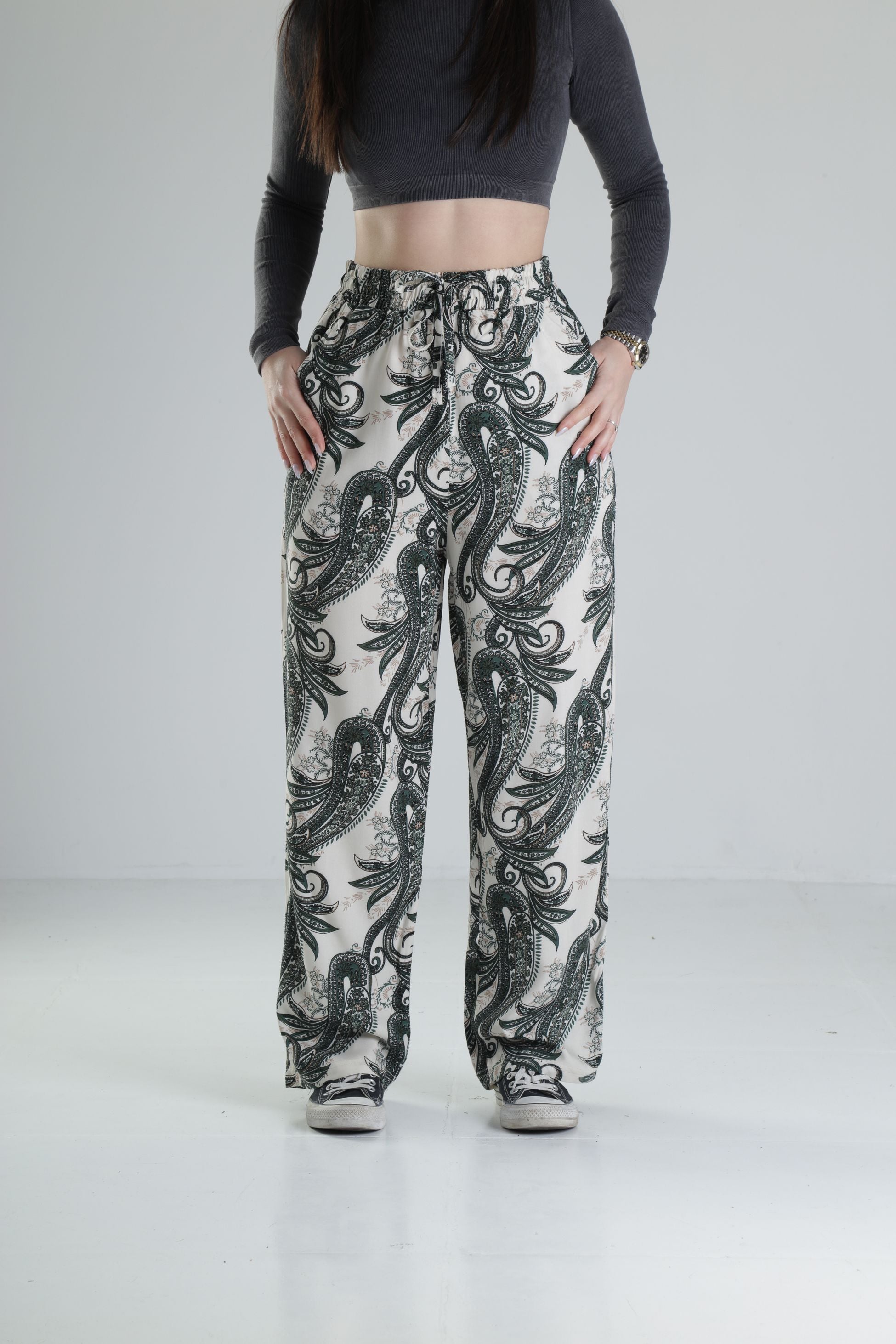 Yeşil Yaprak Desenli Baggy Pantolon COC1858