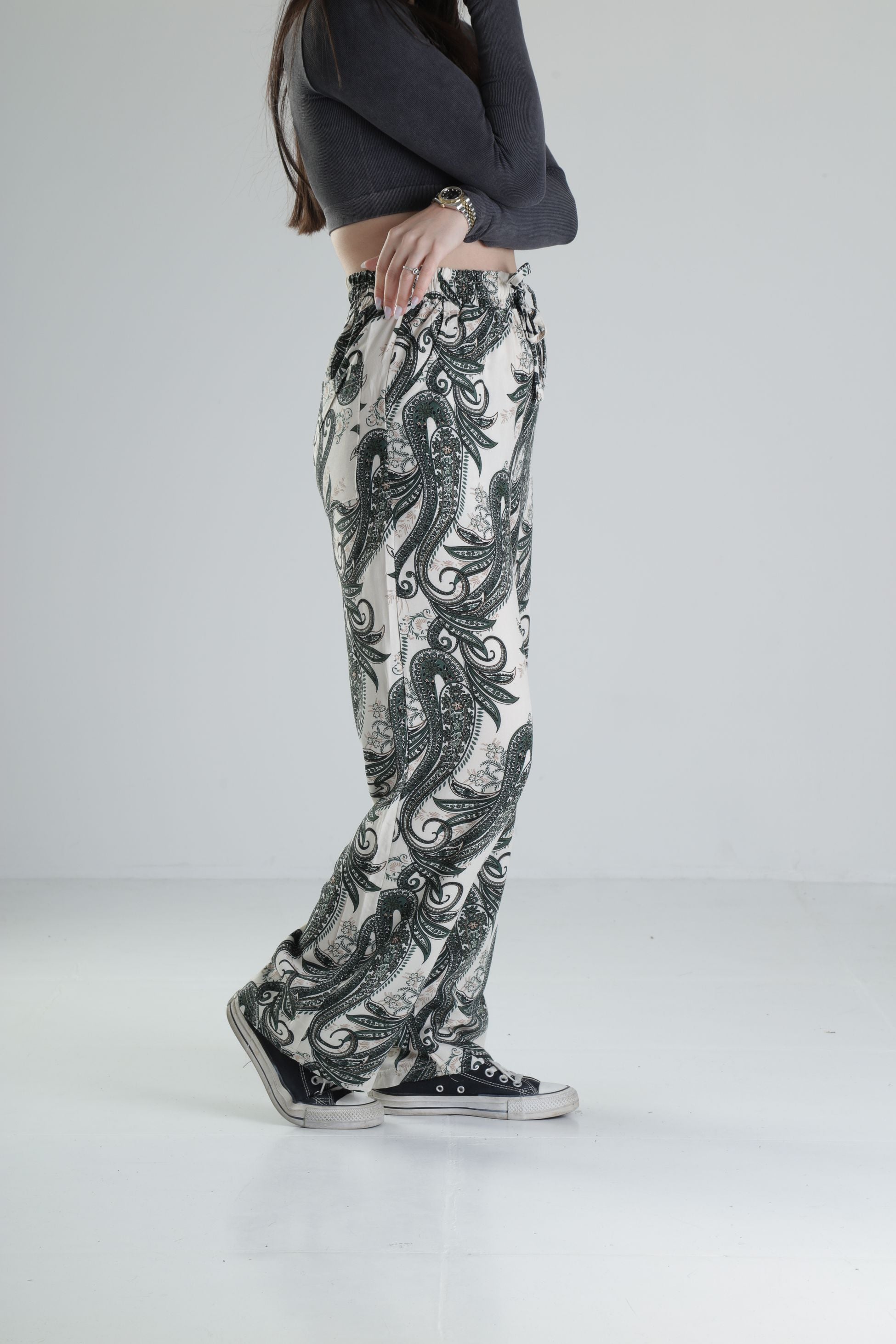 Yeşil Yaprak Desenli Baggy Pantolon COC1858