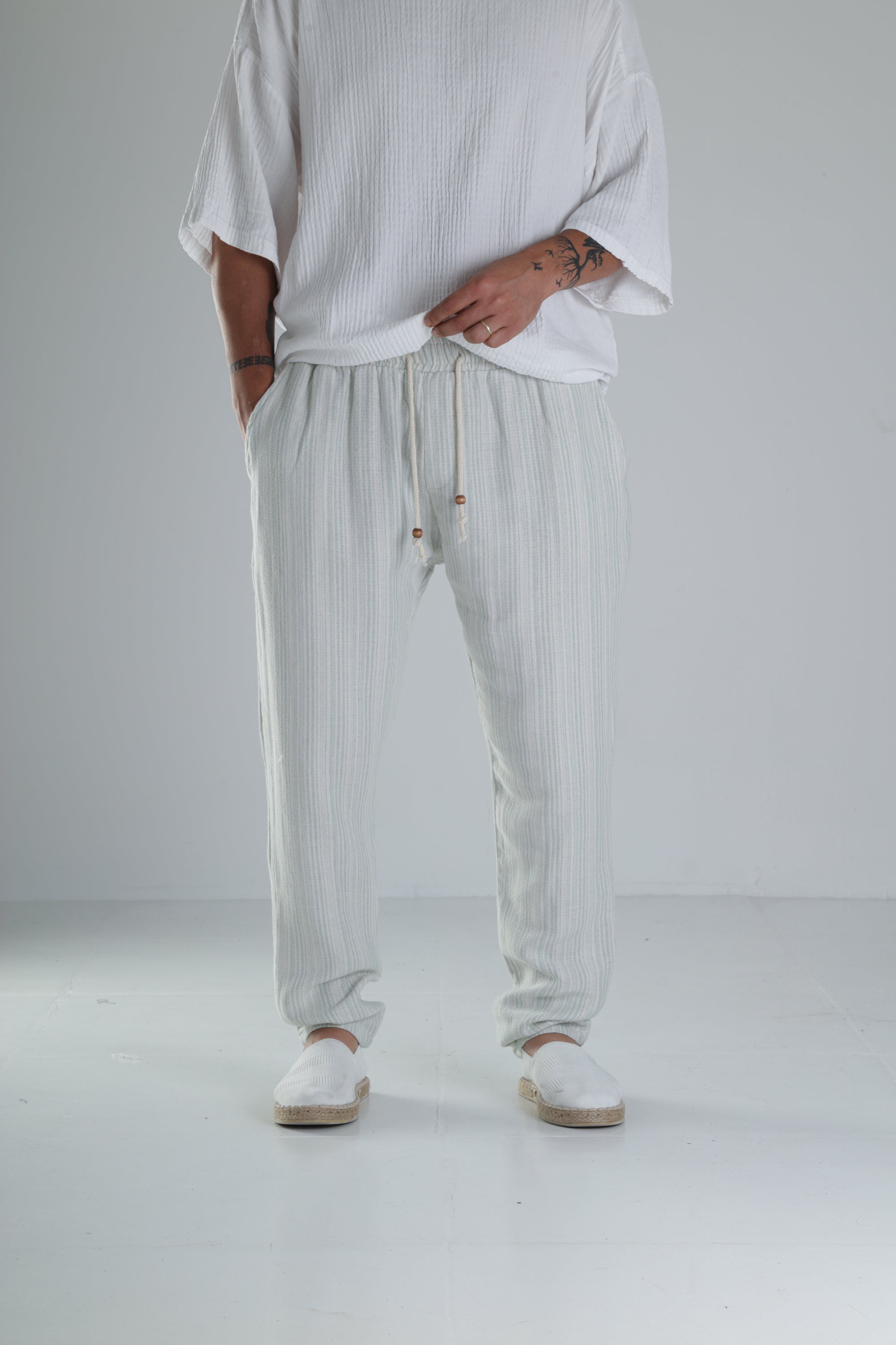 Yeşil Çizgili Müslin Keten Baggy Pantolon COC1367