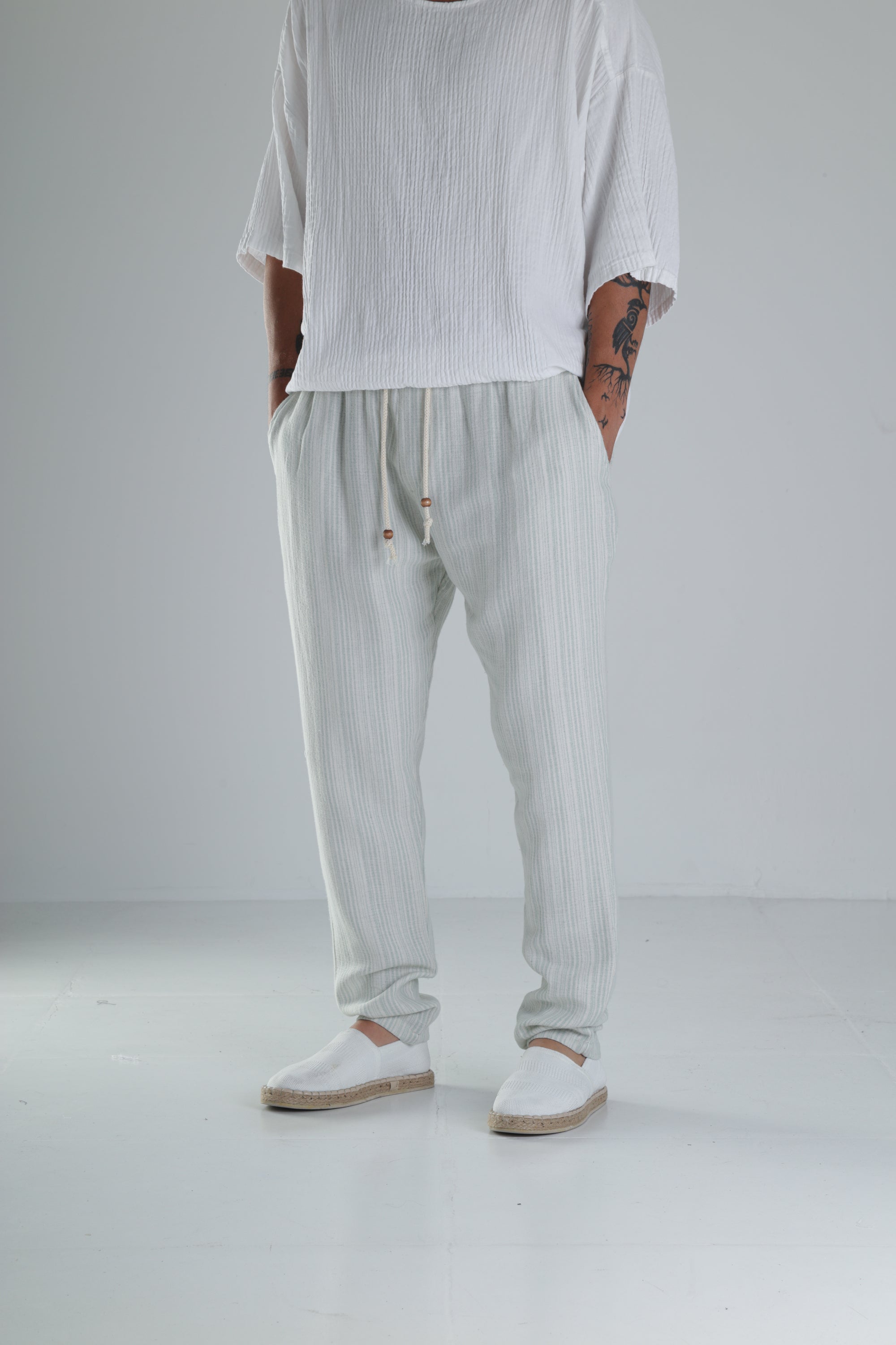 Yeşil Çizgili Müslin Keten Baggy Pantolon COC1367