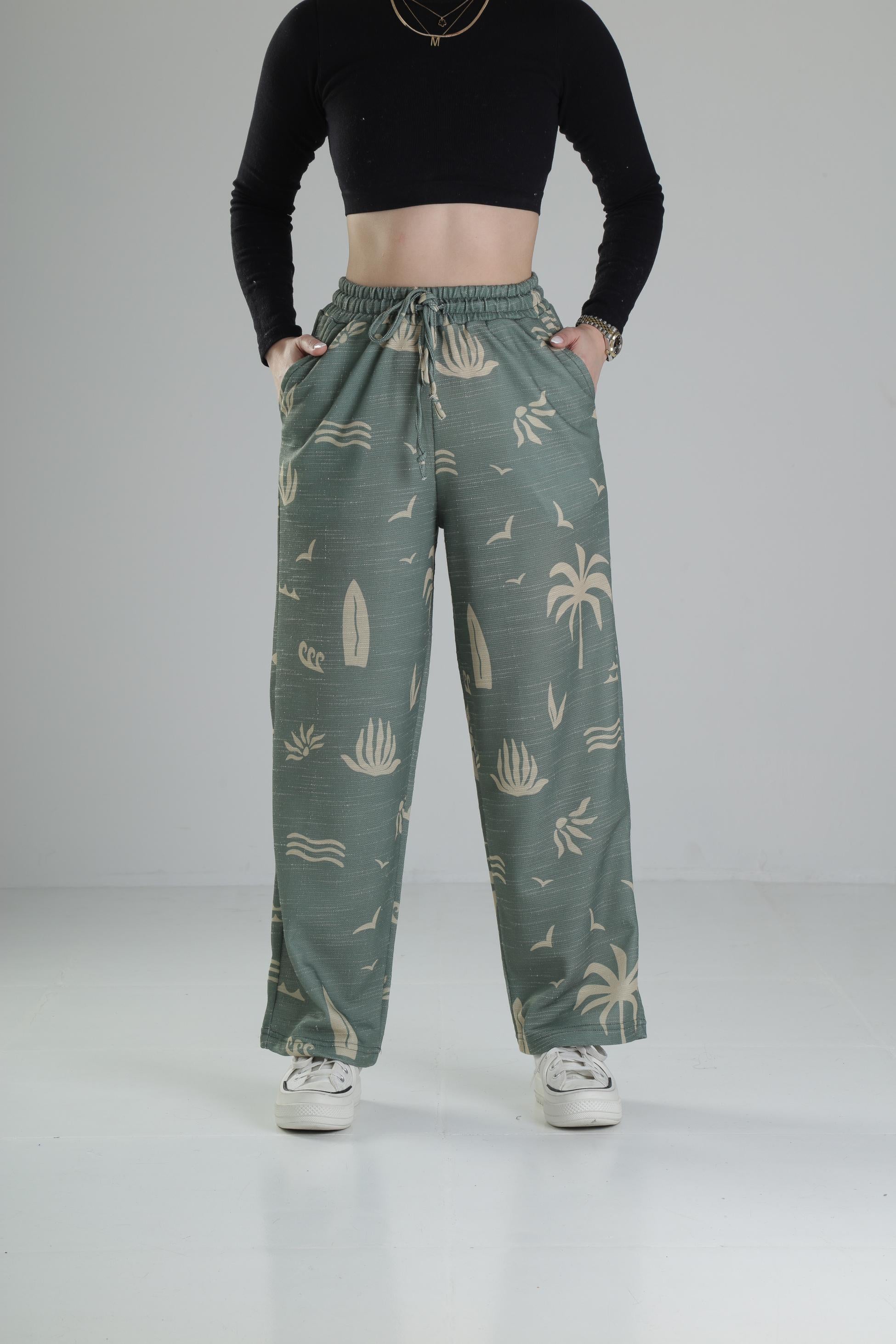 Yeşil Yaprak Desenli Baggy Pantolon COC1862