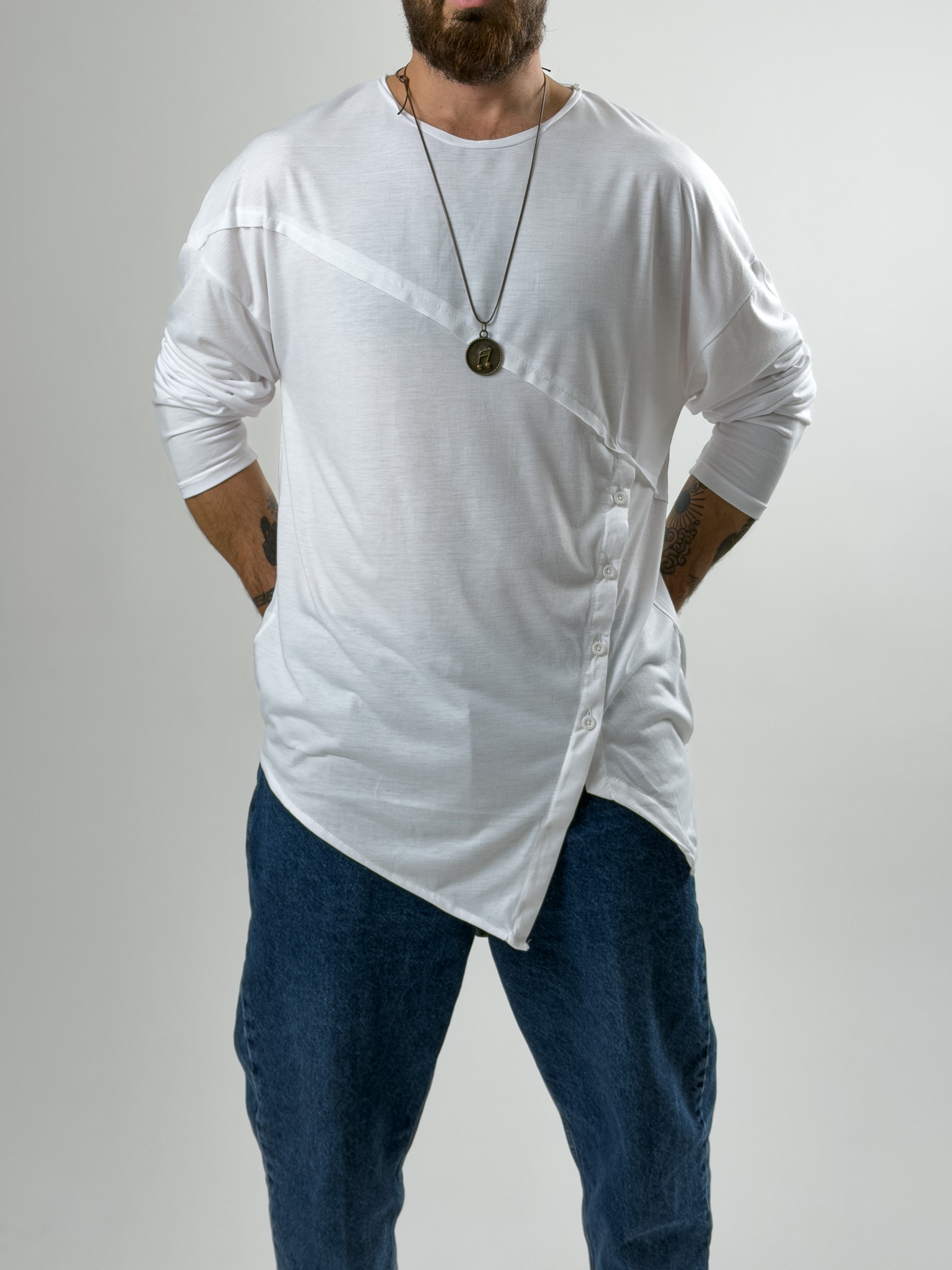 Tasarım Düğme Detaylı Beyaz Erkek Sweat COC2633