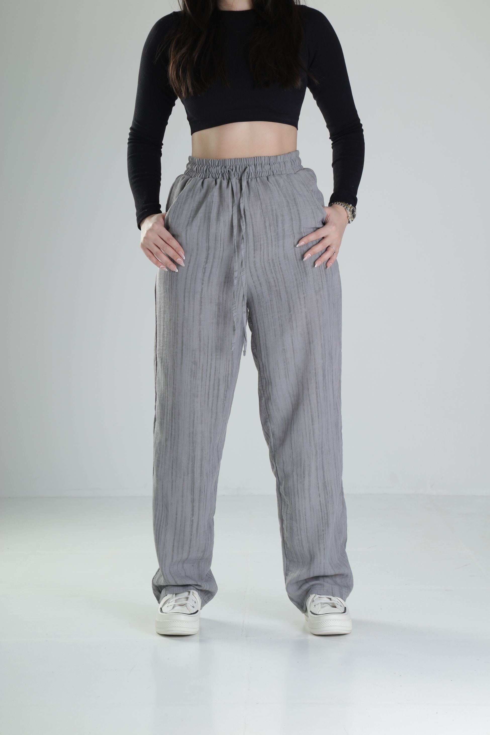 Aerobin Keten Kumaş Gri Baggy Pantolon COC2509