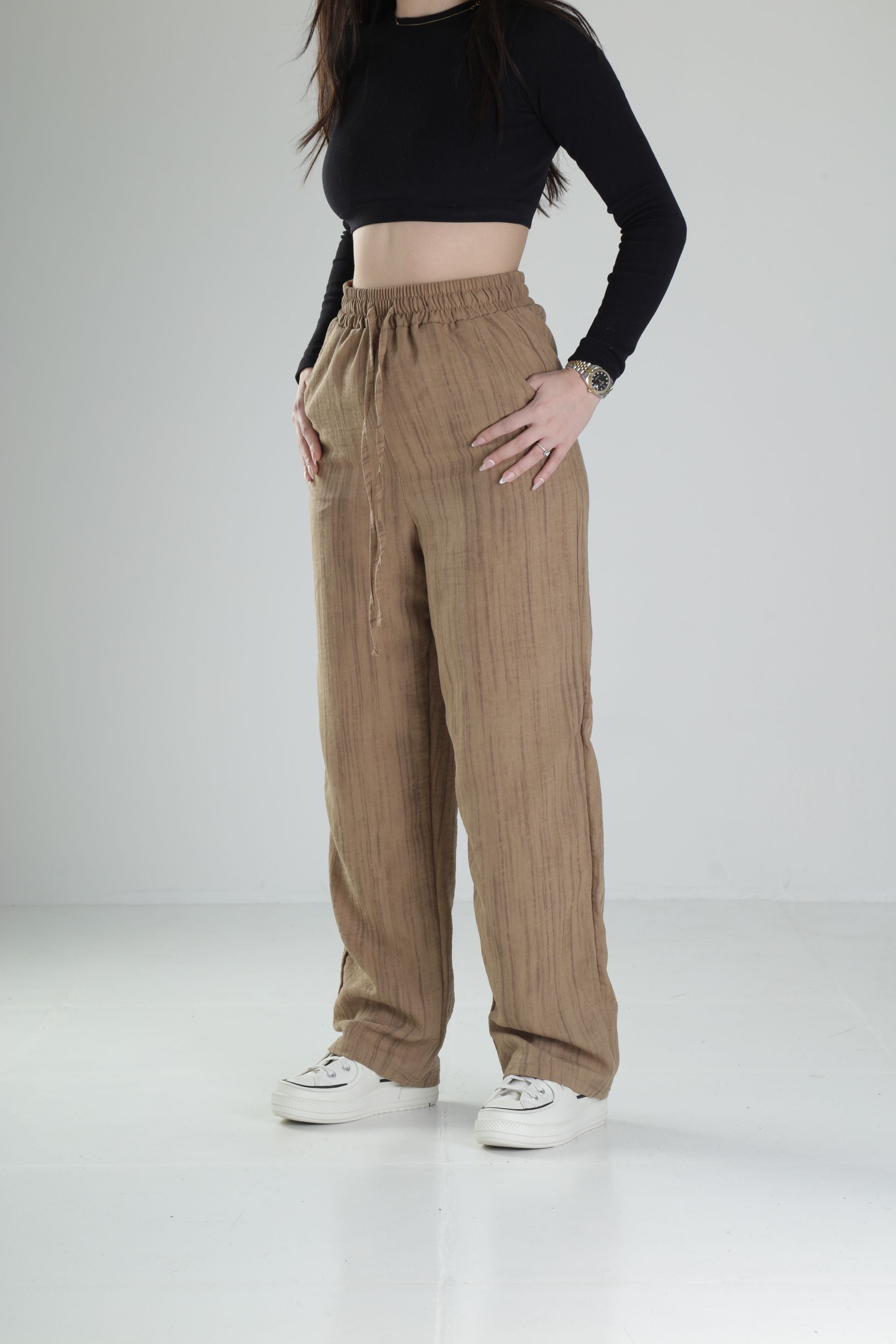 Aerobin Keten Kumaş Kahve Baggy Pantolon COC2510
