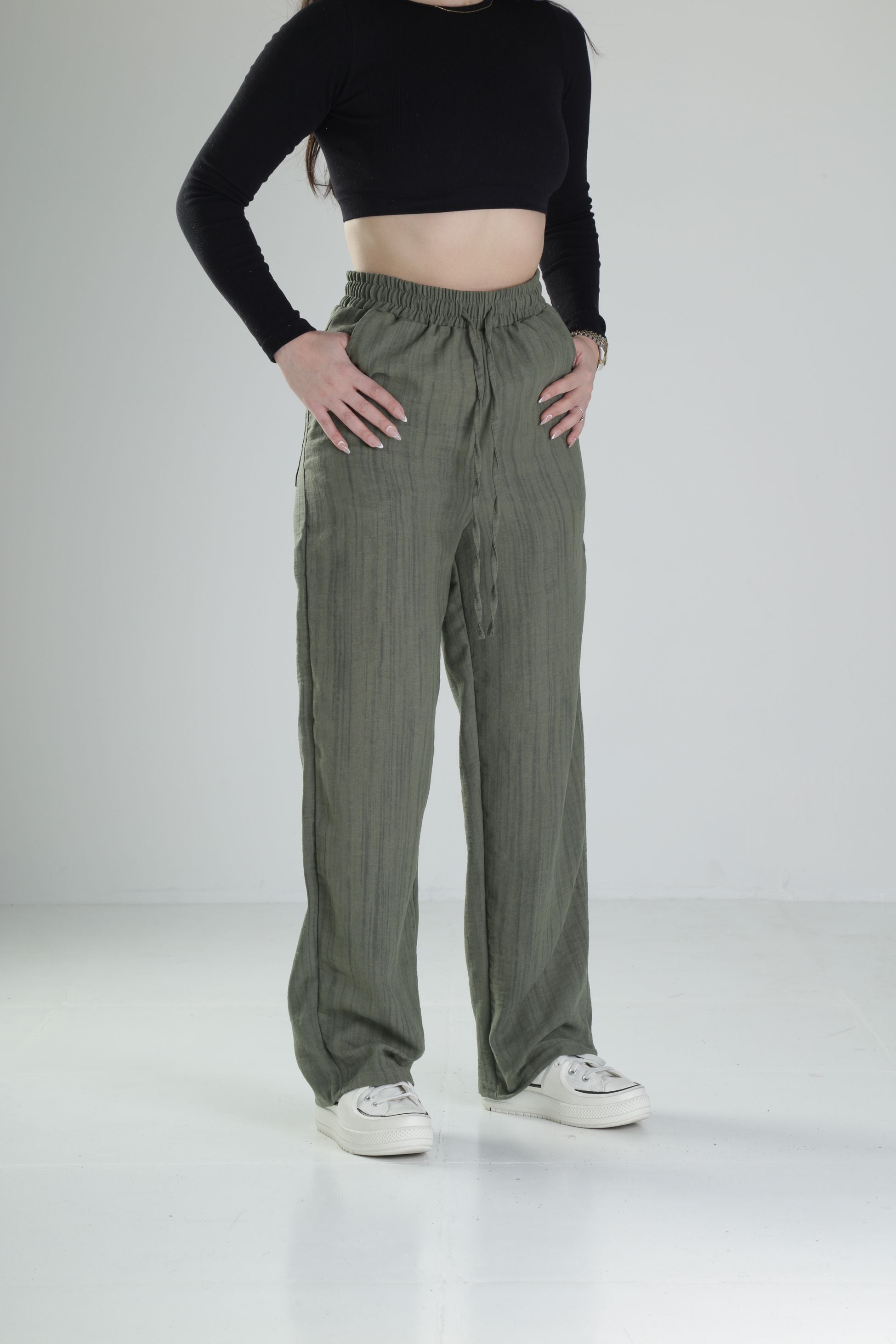 Aerobin Keten Kumaş Yeşil Baggy Pantolon COC2511