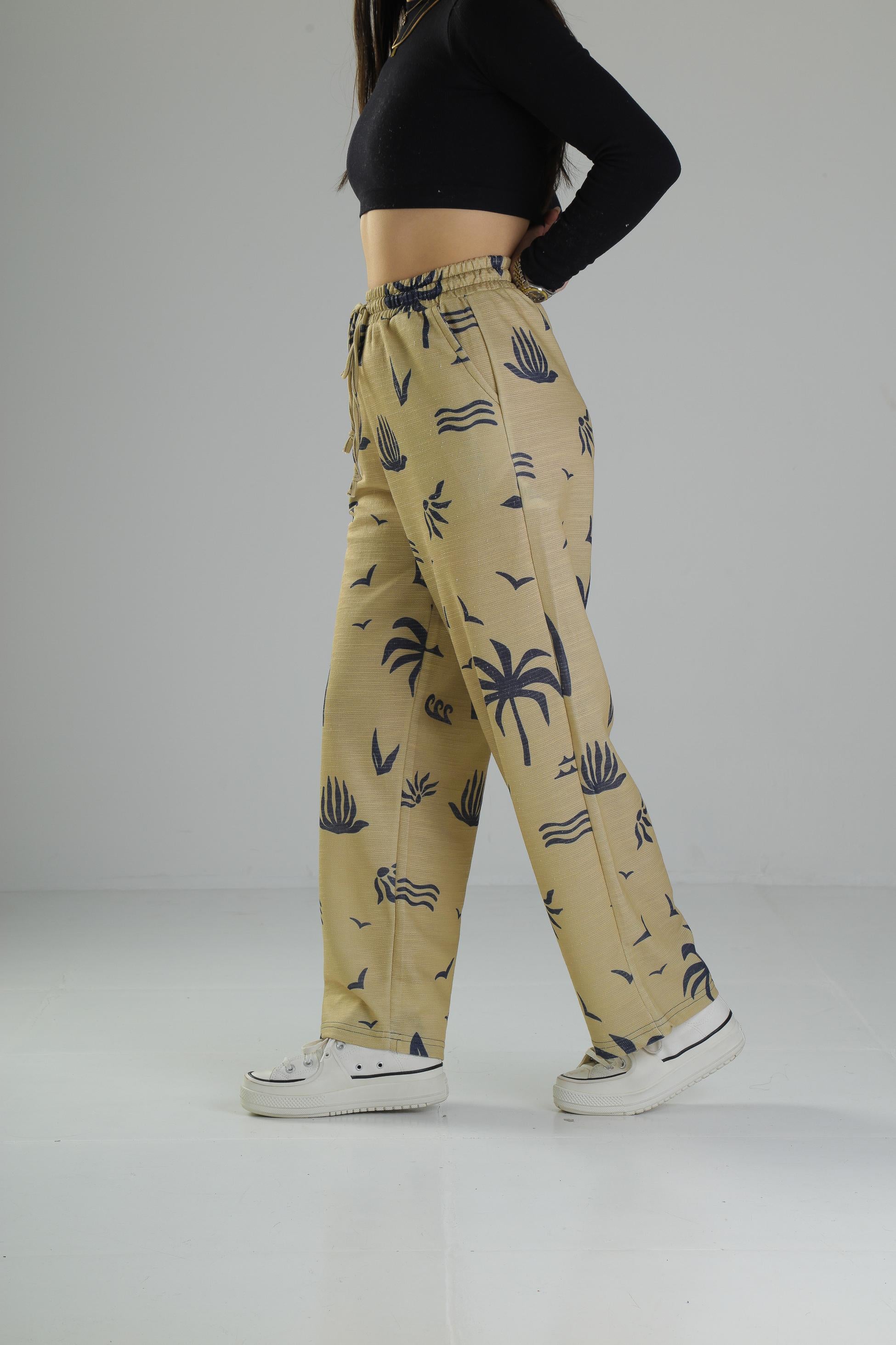 Ağaç Desenli Sarı Baggy Pantolon COC2417