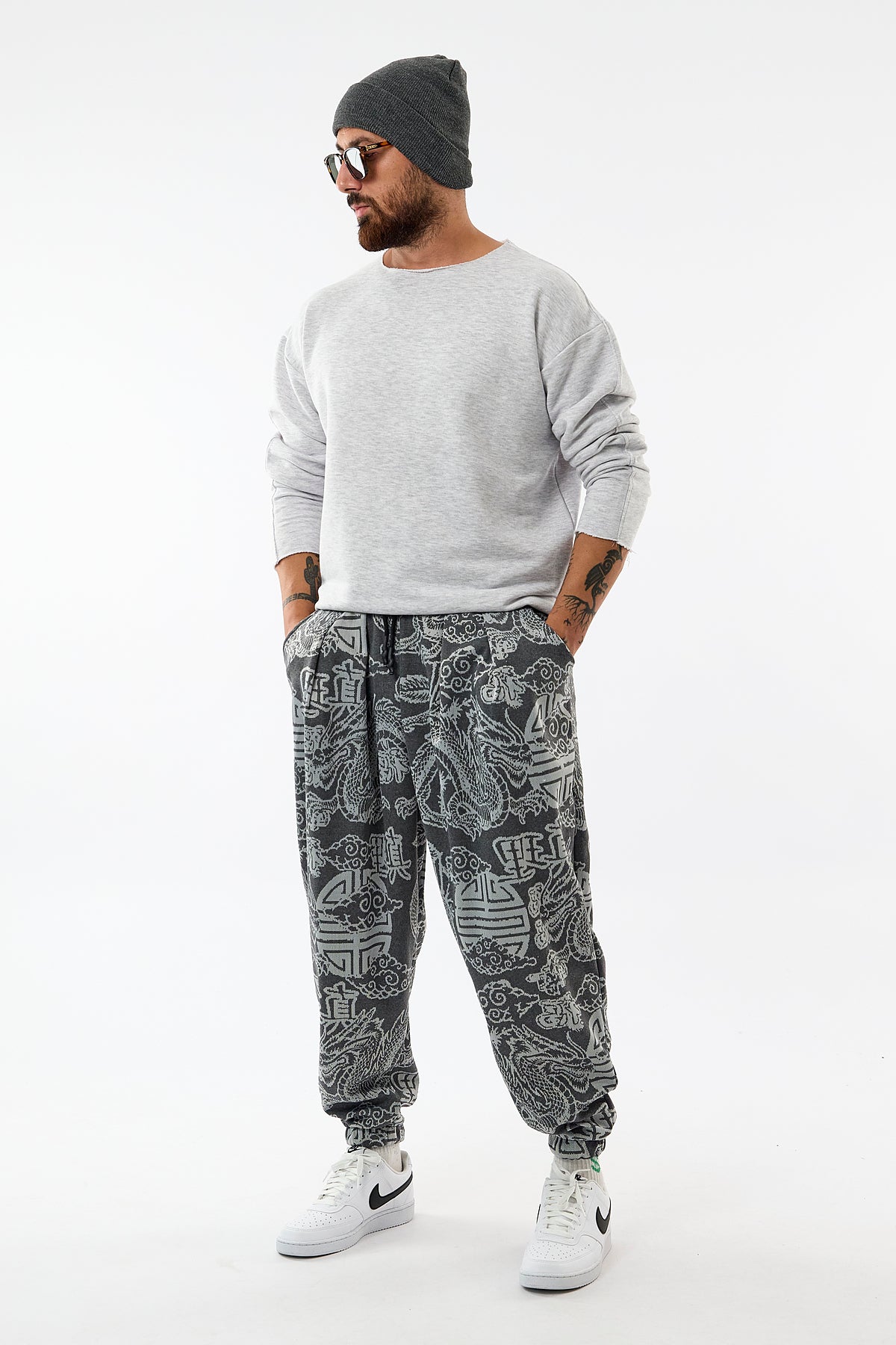 Antrasit Dragon Baskılı Esnek Bel Rahat Kesim Jogger Erkek Pantolon COC3648