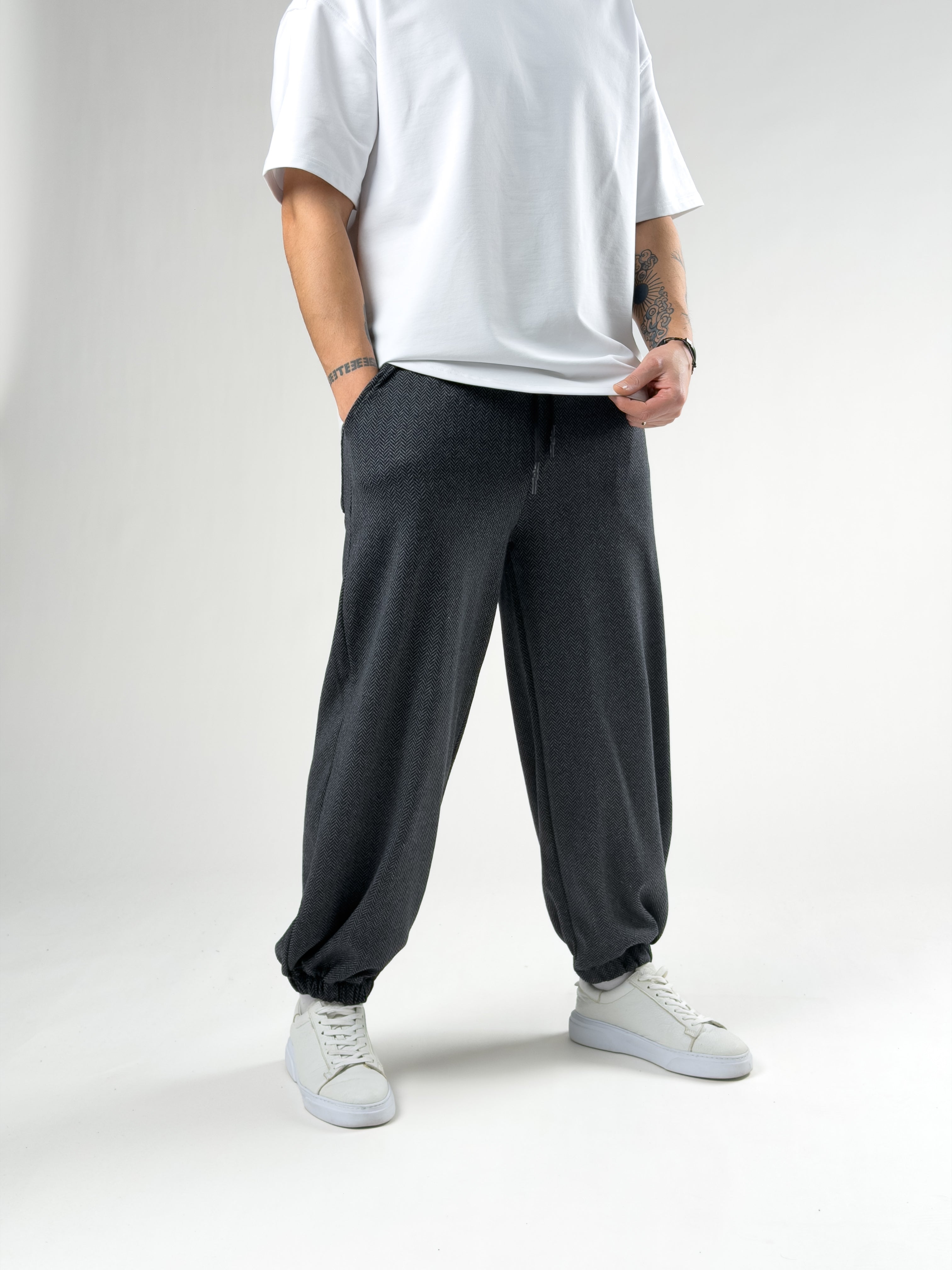 Balık Sırtı Desenli Gri Erkek Baggy Pantolon COC2745