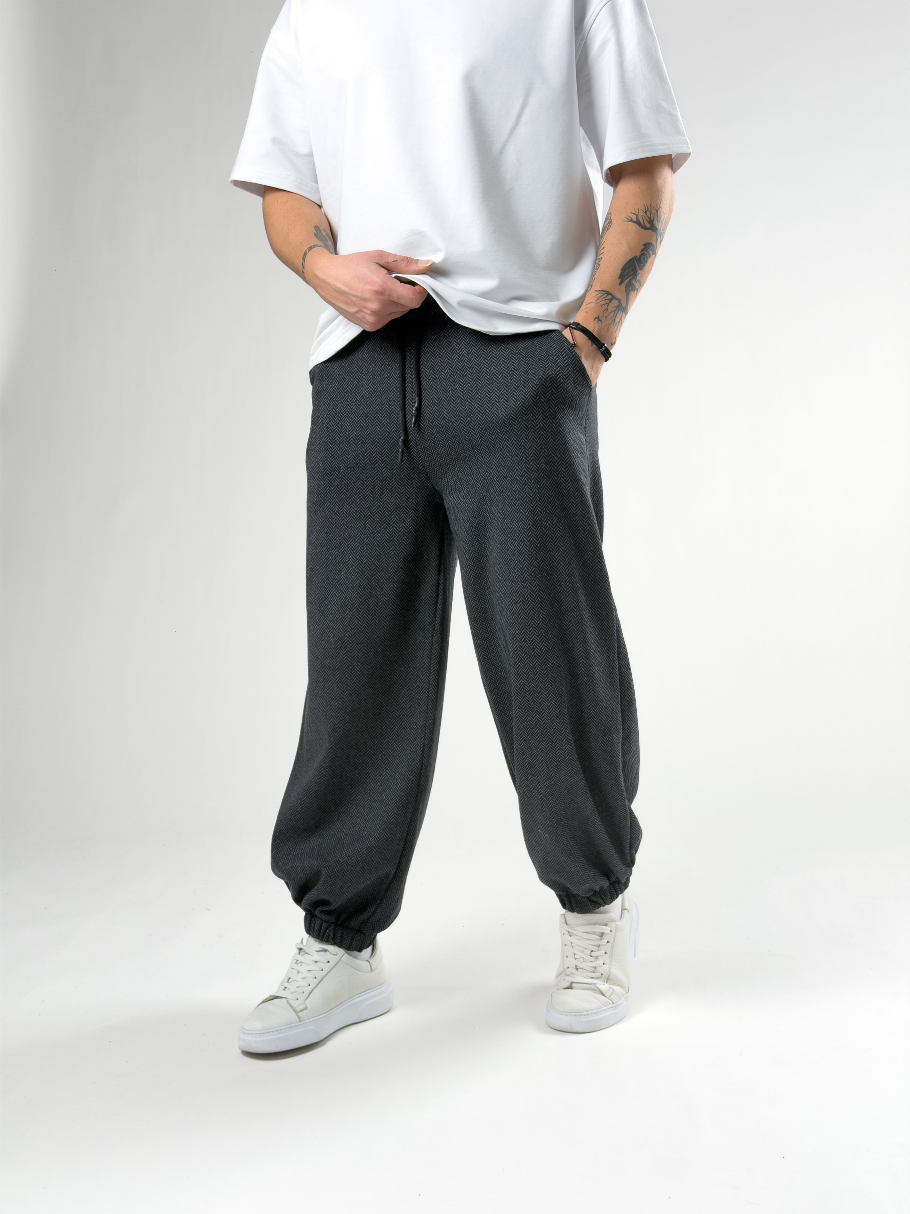 Balık Sırtı Desenli Gri Erkek Baggy Pantolon COC2745